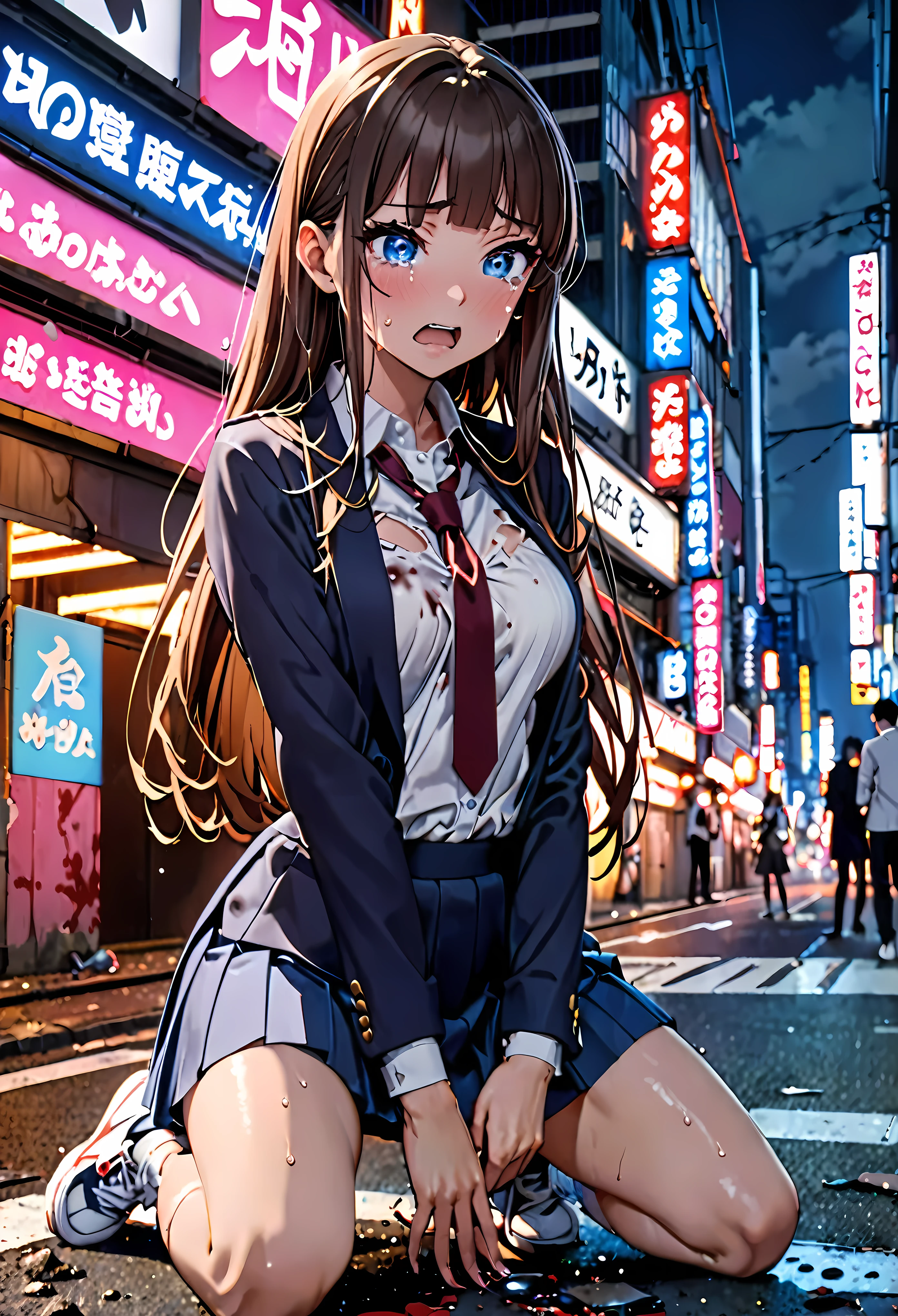(high quality anime, 8k,masterpiece,Perfect ???????),cowboy shot,1 female,(beautiful detailed face and eyes,big gorgeous eye),blue eyes,Painful expression、tears,open mouth,The perfect 20 years old, Japanese、Female Swordsman、Brown Hair、Straight hair,long hair,blunt bangs,medium breasts,small face:1.5,slender body,skinny,(sweat:1.3),Torn clothing、、Dark blue blazer jacket、white formal shirt、Red tie、Navy blue pleated mini skirt、White sneakers、A Japanese sword stuck in the ground、Injured、kneeling,on street,Shibuya、Tokyo、Outdoor、at night、Neon lights、