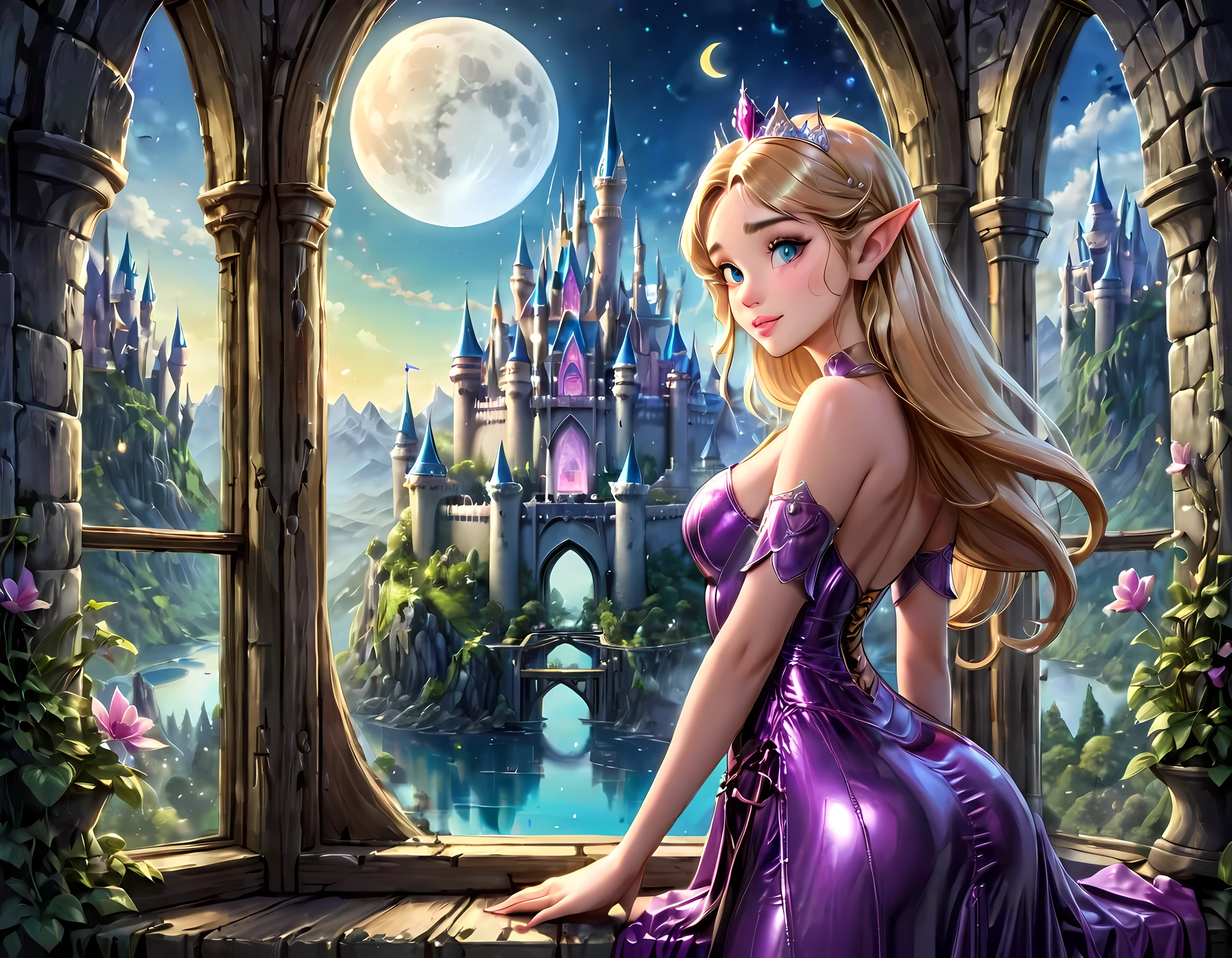 fantasy art, RPG art, a portrait picture of a (beautiful human princess: 1.2) looking through her window at a magical castle, a beautiful elven princess looking through her window to see a magical castle, wearing latex dress, an impressive best detailed castle, with towers, bridges, a moat, standing on top of a mountain, moon, colouredglazecd_xl, BJ_Full_Moon