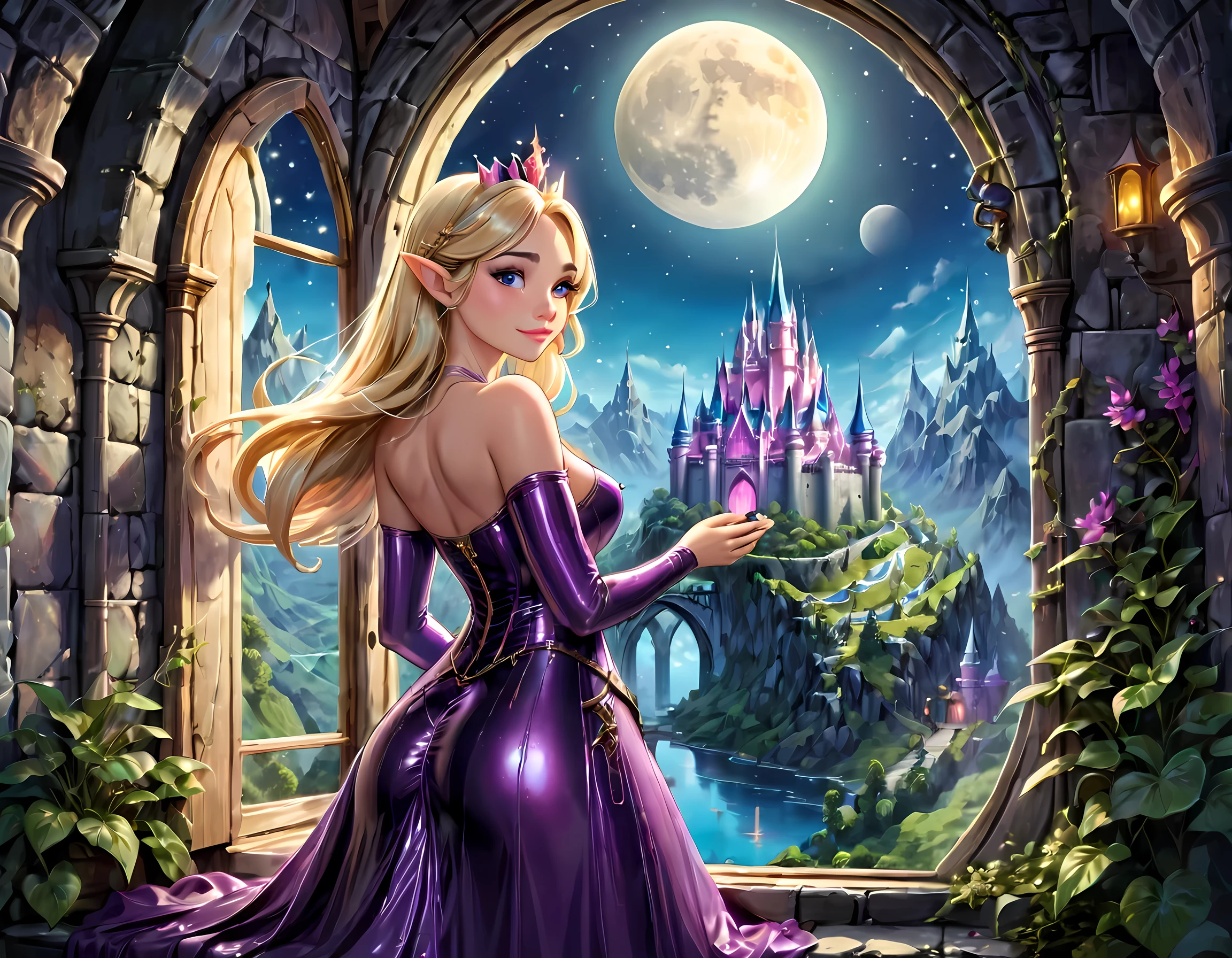 fantasy art, RPG art, a portrait picture of a (beautiful human princess: 1.2) looking through her window at a magical castle, a beautiful elven princess looking through her window to see a magical castle, wearing latex dress, an impressive best detailed castle, with towers, bridges, a moat, standing on top of a mountain, moon, colouredglazecd_xl, BJ_Full_Moon