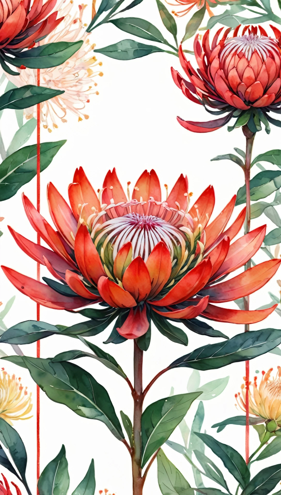 Minimalista poster, delicate and colorful bloom of the Waratah flower frame, on a White background, illustration design, flat design, botanical Style, Styles watercolor and ink splashes, detailed strokes, vibrant shades bright color palette, watercolor splashes, flat design, ethereal,4k