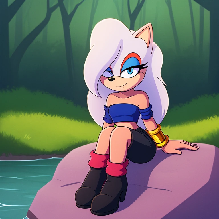 ((1girl)), ((solo)), female, mobian, Hedgehog, pink fur, furry, sitting crossed leg, sitting on a large rock, (Her attire is a black cropped low cut tube top, black arm sleeves with gold bracelets at the ends, black heeled boots, and white baggy pants)), (Majin Android 21 Cosplay), ((long white hair)), ((long hair)), ((Android 21 styled hair)), light blue eyes, hair bangs, looking at viewer, (background forest, river, best lighting), (best quality)