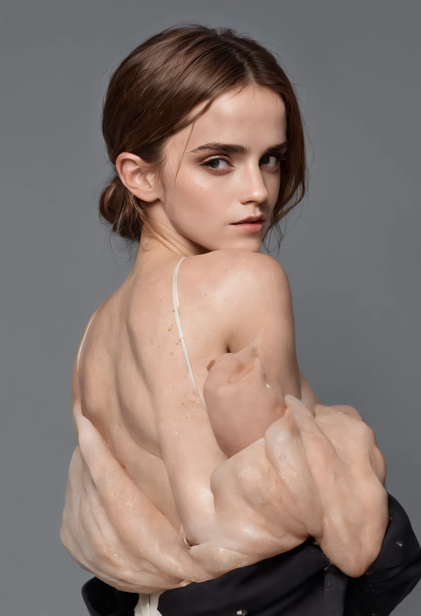 Emma Watson without clothes, (oiled skin:1.5), no bra, pokies, puffies, pointy breasts, hard_nips, low cut neckline, ample cleavage, seductive, cowboy shot, 8k, exposed breasts, huge breasts, (enormous breasts:1.3), (very thin waist:1.3), hourglass figure