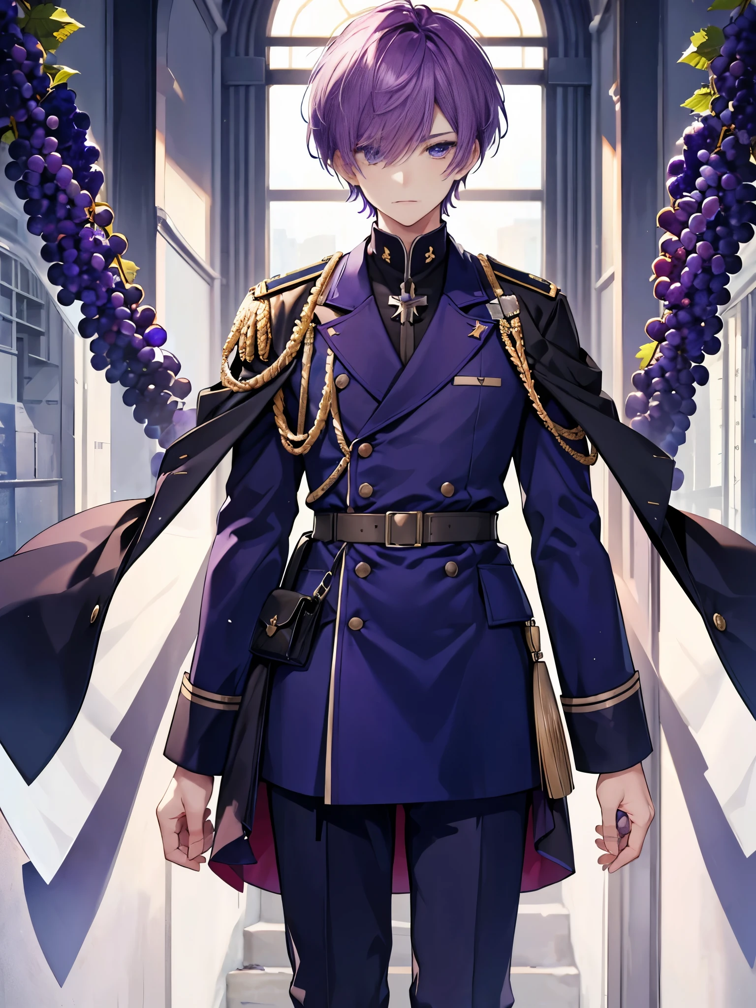 1boy, ((grape color hair)), ((cobalt color eyes)), military uniform, ((barracks)), Armed shoulder strap, ((short hair)), handsome