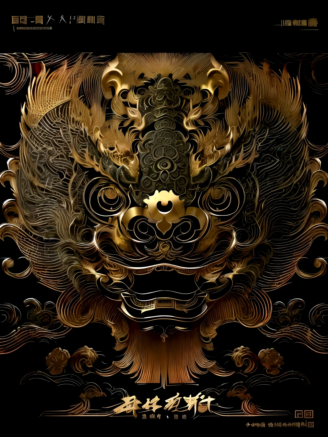 Chinese style comics，Close up of a golden dragon on a black background, author：Travel in Kana, Gold delicate lines, Chinese Gorgeous, Complex and gorgeous anime CGI style, Chinese dragon graphic design drawing, Intricate golden lines, Detailed digital artwork, Chinese Arts, Highly detailed digital art, 