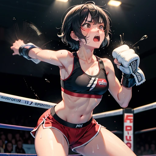 Cute Japanese high school girl with short-cut black hair is being punched by her opponent in a women's mixed martial arts ring during a match, wide mouth open, out of breath, looking distressed, eyes tightly closed, screaming, very sweaty, out of stamina, slender body, poor body, small breasts sports bra, high leg shorts, open finger gloves