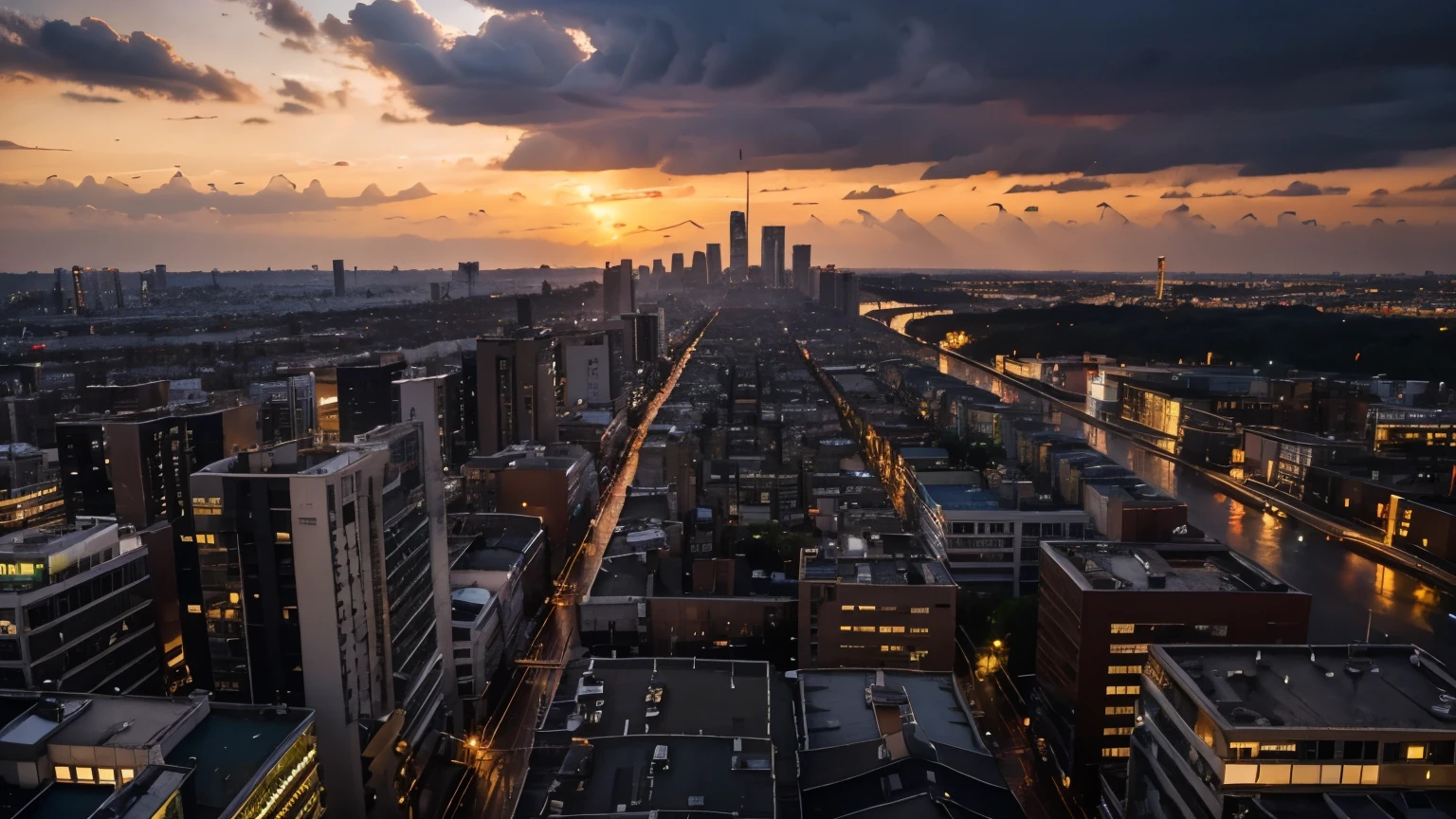 syline of a big city from a rooftop, sunset, rainy outside