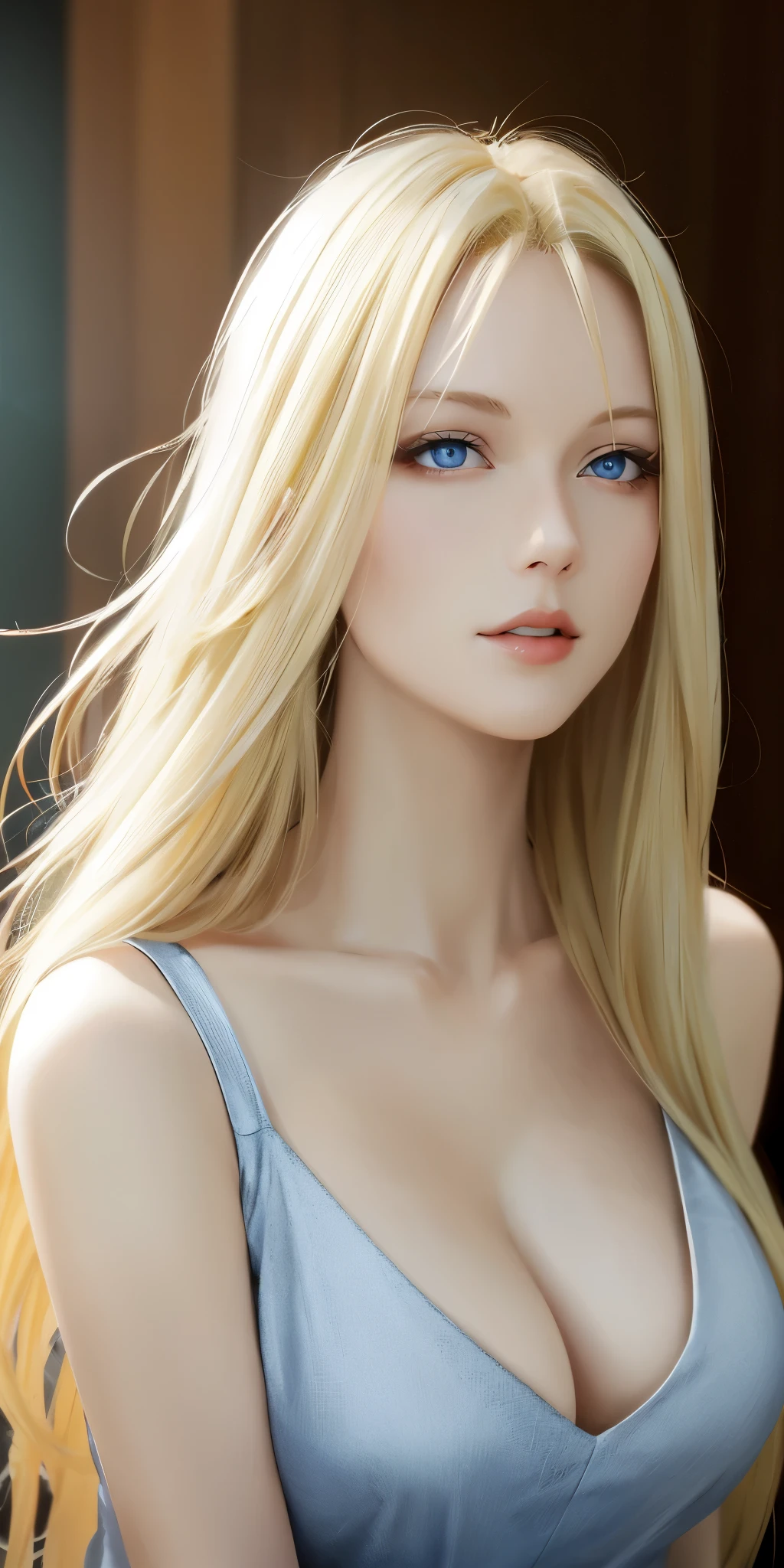 Gorgeous adult woman, long neck, long blonde hair, bang, casual clothes, cleavage, soft light, high quality, 4k resolution