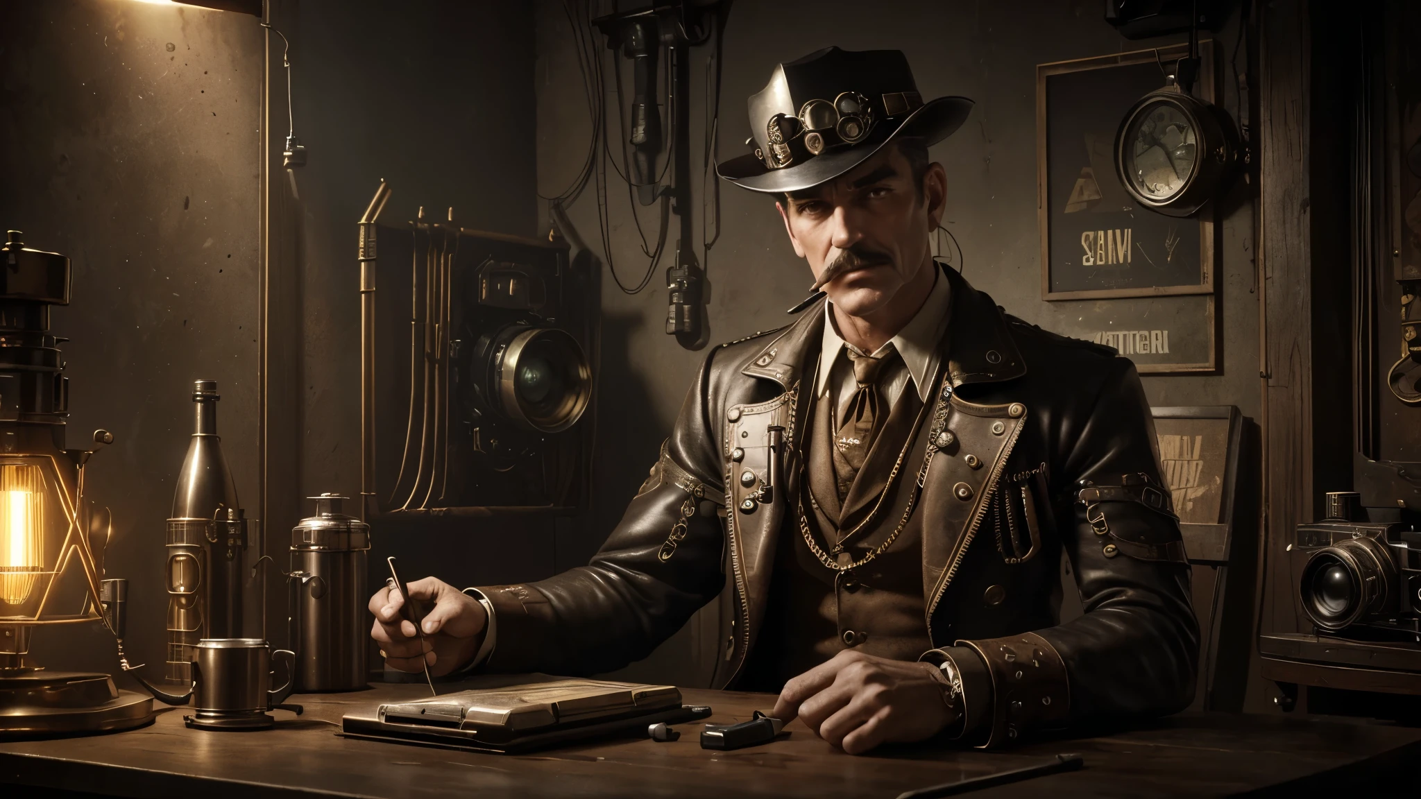 (best quality,4k,8k,highres,masterpiece:1.2),ultra-detailed,(realistic,photorealistic,photo-realistic:1.37),60s atompunk vibe portrait,man,male,retro,futuristic,fashionable,stylish,confident,strong gaze,mischievous smile,intense stare,dark hair,thin mustache,dapper suit,cigarette holder,hat,metallic accessories,rustic backdrop,detailed shadows,neon lights,mechanical gadgets,steampunk elements,vintage camera,sepia tone,dramatic lighting,gritty atmosphere