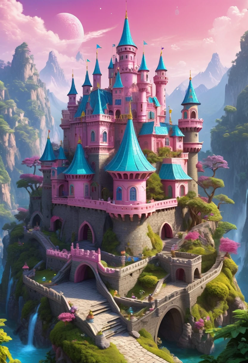 Surreal, Stereogram, Air pressure, Super Detail, Acura, best quality, 超HD, masterpiece, Anatomically correct, 16K, high resolution，Pink Space，1. Little Girl，Located in the magical castle，Magic Forest Castle，A castle built with blocks，错综complex的奇幻小镇, Search for lost treasure，Geometric space，Unordered regular three-dimensional pattern，There are lots of little doll houses and buildings，Space for the rainbow，fantasy color fantasy treasure hunt fantasy，Mysterious treasure，Sparkling treasure，Great numbers（Control theory）， Art Station， detailed， complex， Mathil， Digital art， HD， 8k， Whimsical fantasy landscape art, Extremely detailed fantasies,Big breasts are beautiful， high quality，electronic 8k