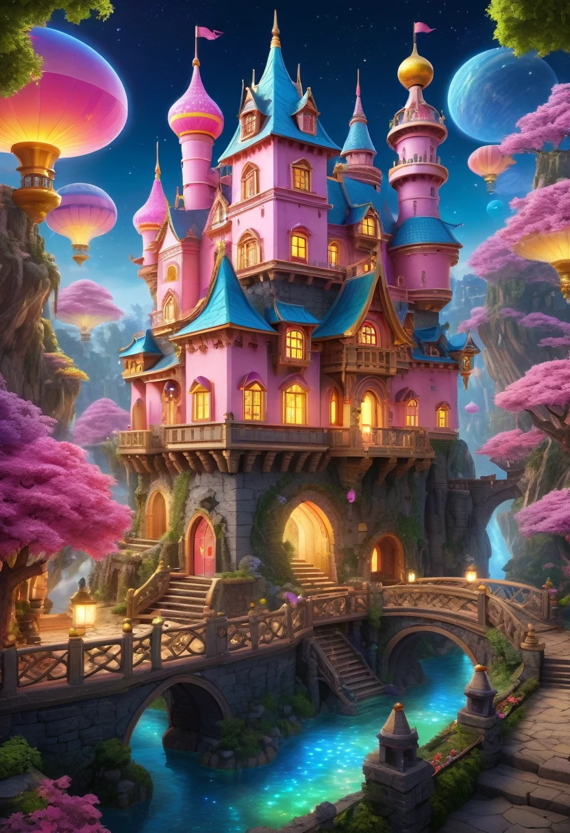 Surreal, Stereogram, Air pressure, Super Detail, Acura, best quality, 超HD, masterpiece, Anatomically correct, 16K, high resolution,Pink Space,1. Little Girl,Located in the magical castle,Magic Forest Castle,A castle built with blocks,错综complex的奇幻小镇, Search for lost treasure,Geometric space,Unordered regular three-dimensional pattern,There are lots of little doll houses and buildings,Space for the rainbow,fantasy color fantasy treasure hunt fantasy,Mysterious treasure,Sparkling treasure,Great numbers(Control theory), Art Station, detailed, complex, Mathil, Digital art, HD, 8k, Whimsical fantasy landscape art, Extremely detailed fantasies,Big breasts are beautiful, high quality,electronic 8k