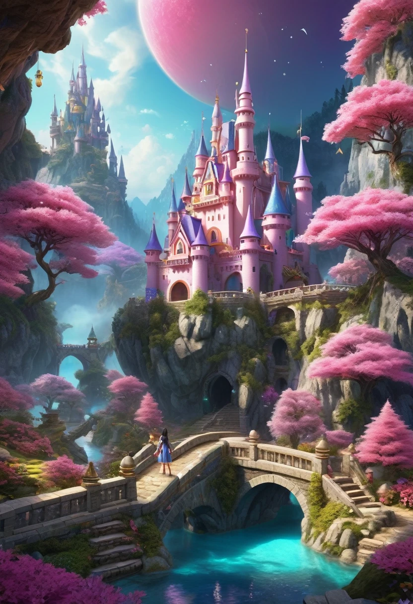 Surreal, Stereogram, Air pressure, Super Detail, Acura, best quality, 超HD, masterpiece, Anatomically correct, 16K, high resolution，Pink Space，1. Little Girl，Located in the magical castle，Magic Forest Castle，A castle built with blocks，错综complex的奇幻小镇, Search for lost treasure，Geometric space，Unordered regular three-dimensional pattern，There are lots of little doll houses and buildings，Space for the rainbow，fantasy color fantasy treasure hunt fantasy，Mysterious treasure，Sparkling treasure，Great numbers（Control theory）， Art Station， detailed， complex， Mathil， Digital art， HD， 8k， Whimsical fantasy landscape art, Extremely detailed fantasies,Big breasts are beautiful， high quality，electronic 8k