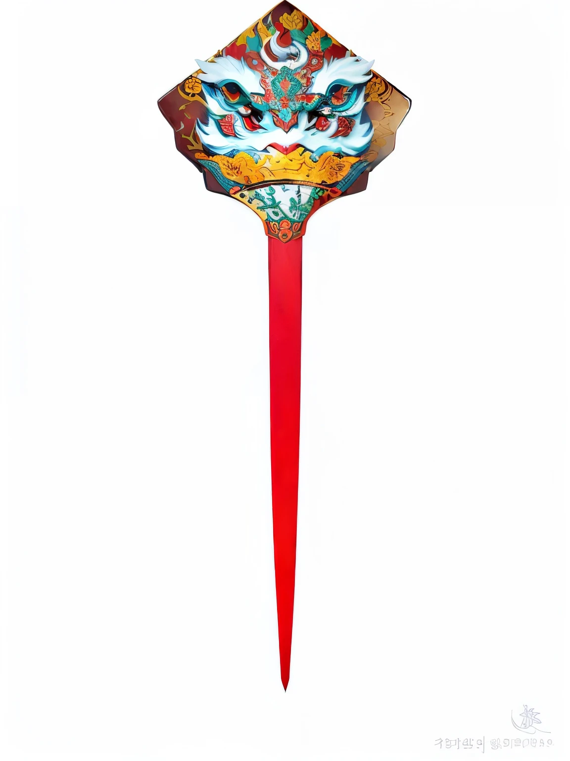 Close-up of a kite with a dragon pattern, Chinese Ghost Festival, Pick Wu, The gorgeous Korean long-handled weapon behind her, Color handle, string, gujian, spear, jiang sword, Nezha, High Detail, frying pan, intricate fantasy spear, them, From a distance, Tengu Mask