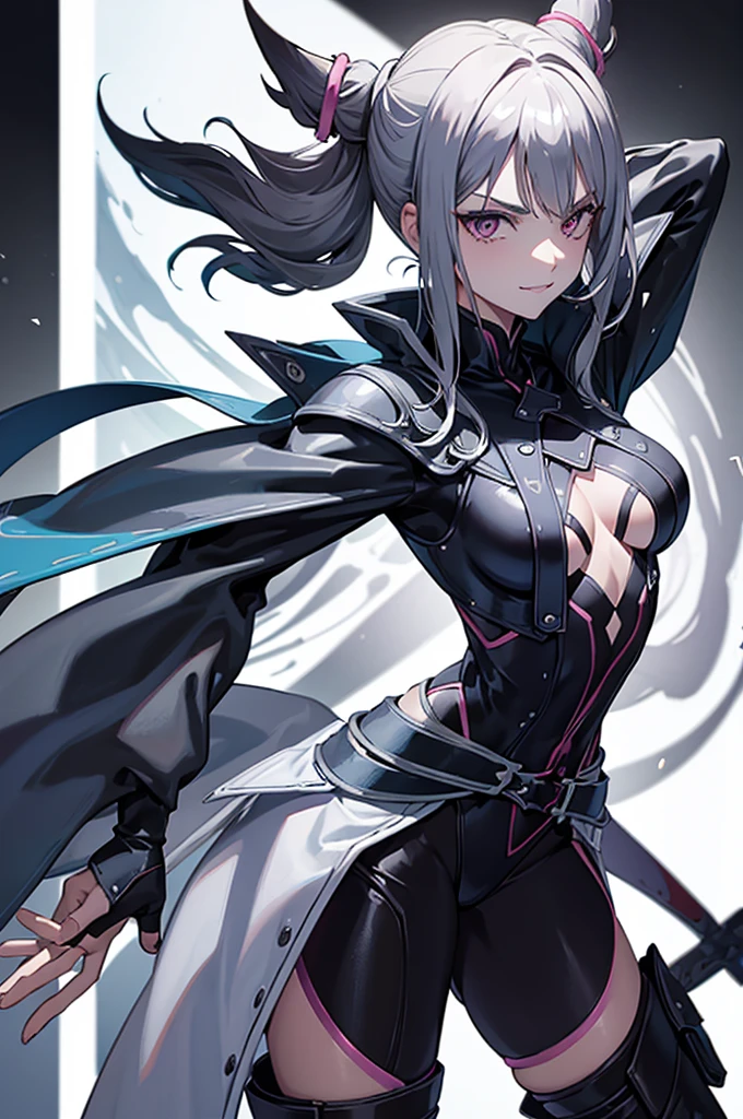 evil smile,solo, masterpiece, best quality, agrias, grey sweater, black leotard, standing, looking at viewer, short hair,oculos,evil smile, evil look, juri han,luvas preta,roupa azul,yandere rosto,low lighting,coxa sarada copo detalhado,olhando para frente