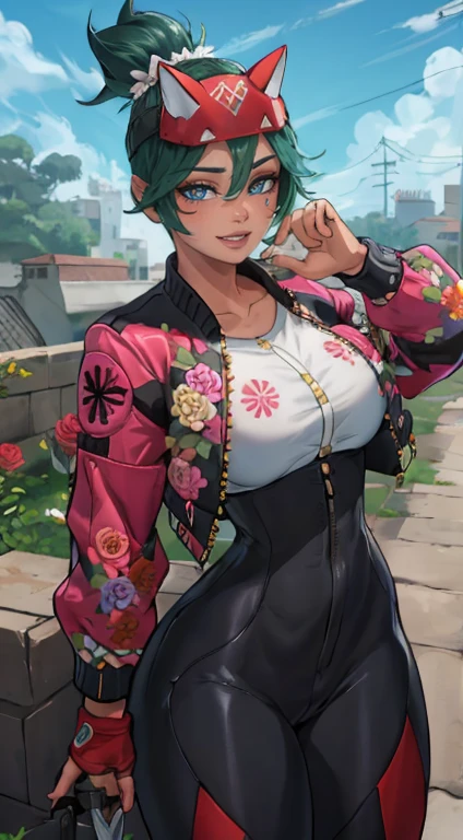 Kiriko overwatch, mulher fofinha, olhos verdes chamativos, de quatro, papel de parede ultra detalhado,   para cima, deitada, hands, Kiriko overwatch 2 white shirt ((red pants)), (( black jacket and roses flowers symbol on jacket)), ((hands on hips )), ((rosto detalhado)),((Sorriso)), ((curvy body)), (seios grandes), sensual, (( dia)), ((cabelo verde)), ((blue sky)), ((inclinando-se para frente)), (fora de casa)) arvores de sakura,,(( segurando kunai))