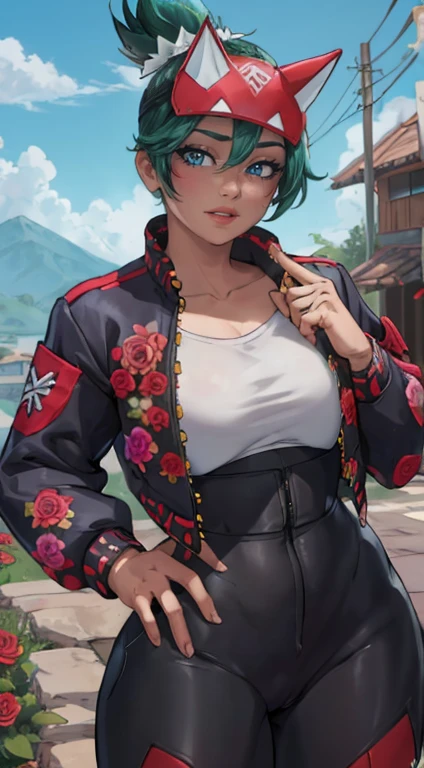 Kiriko overwatch, mulher fofinha, olhos verdes chamativos, de quatro, papel de parede ultra detalhado,   para cima, deitada, hands, Kiriko overwatch 2 white shirt ((red pants)), (( black jacket and roses flowers symbol on jacket)), ((hands on hips )), ((rosto detalhado)),((Sorriso)), ((curvy body)), (seios grandes), sensual, (( dia)), ((cabelo verde)), ((blue sky)), ((inclinando-se para frente)), (fora de casa)) arvores de sakura,,(( segurando kunai))