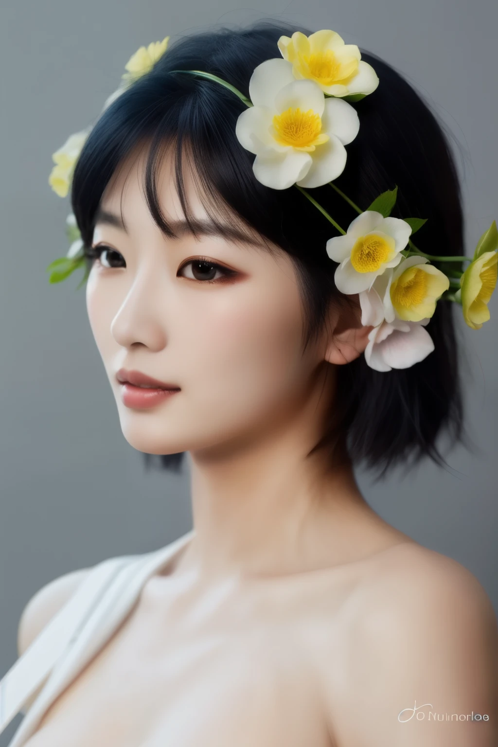 best quality,masterpiece,Ultra high detail,A handsome muscular Chinese man,Short black hair,topless,(Flowers on the shoulder),(With flowers in his black micro thong),realistic,Grey background,Yellow and white flowers, flowers on his head