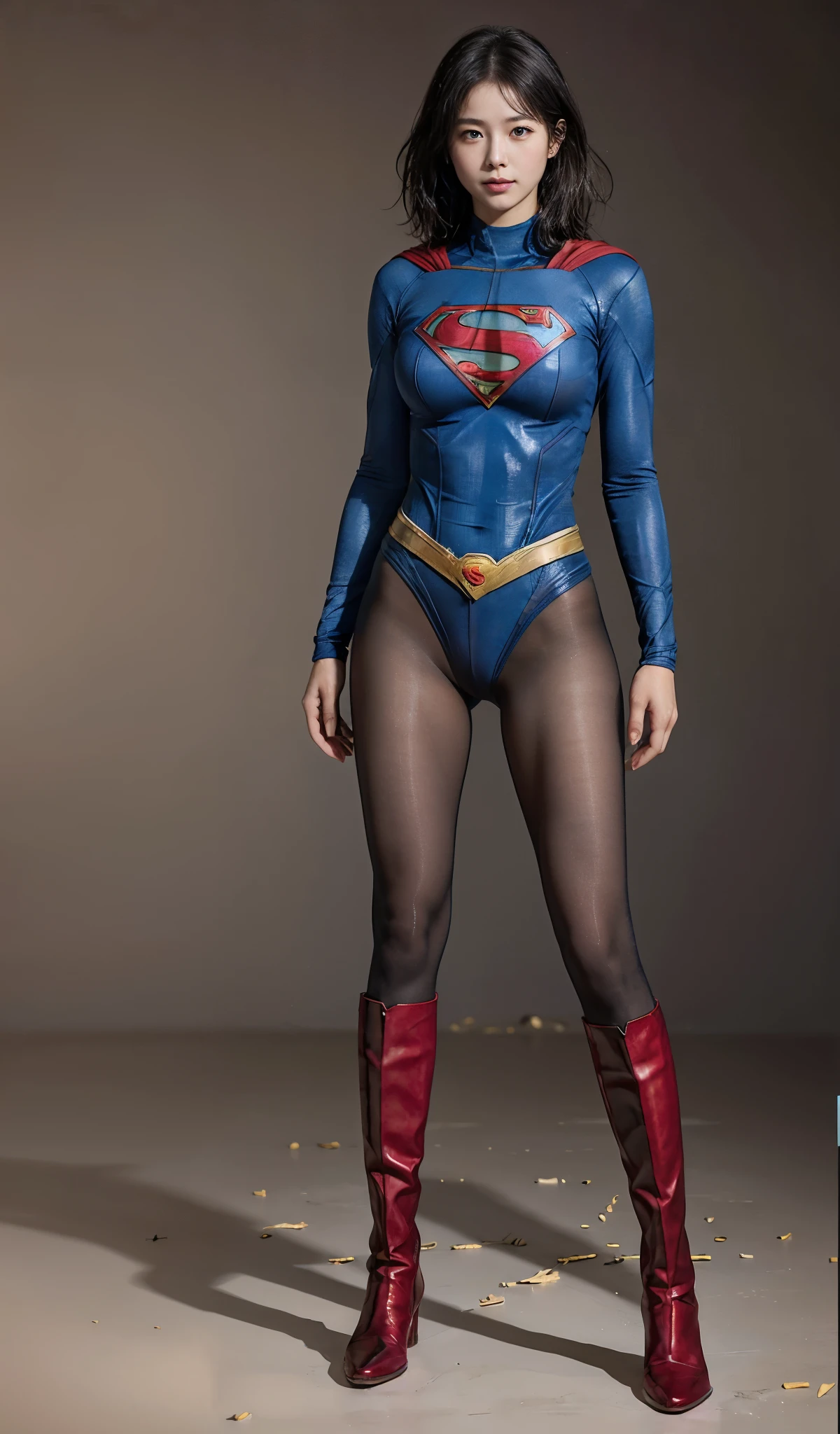 No background、(((Beautiful legs in black tights.)))、(((Legally express the beauty of your smile)))、((((Make the most of your original images)))、(((Supergirl Costume)))、(((Beautiful short bob hair)))、(((suffering)))、(((Please wear black tights....、Wear red boots)))、((Best image quality、8k))、((highest quality、8k、masterpiece:1.3))、(((Preserve background )))、Sharp focus:1.2、Beautiful woman with perfect figure:1.4、Slim Abs:1.2、Wet body:1.5、Highly detailed face and skin texture、8k