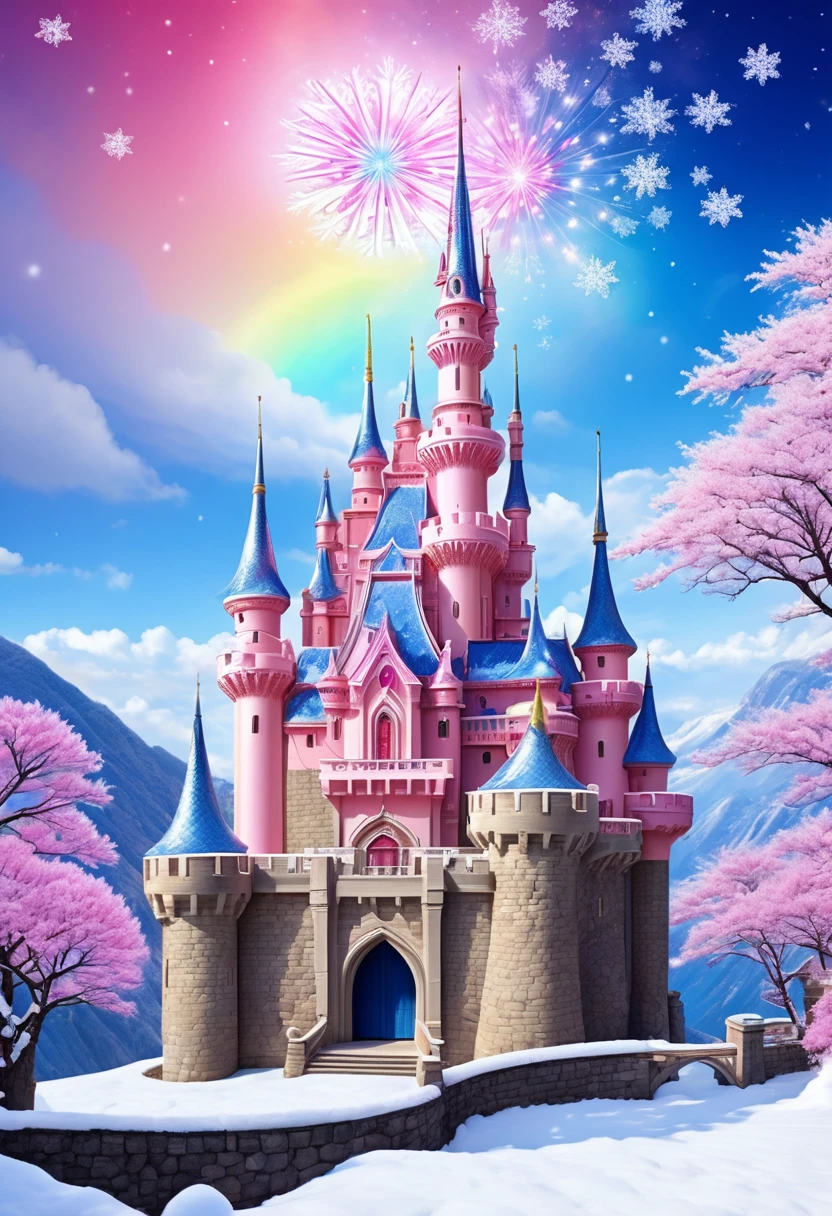 Dream Castle，Castle in fireworks，Castle with wings，Flying castle，Castle in the sky。Rainbow Castle，Pink Space，Princess的脸出现在空中，winter landscape，Surreal wonderland，Dreamy clouds floating on the fairy island，(Big Snowflake:1.3)，五颜六色的Big Snowflake飞舞，Princess&#39;The palace is covered with snow，The tree of life blooms with infinite vitality，Twinkling stars in the night sky，Heavy clouds and fog，Whimsical fantasy landscape art, Fine Art Ultra HD 8K, 8K Fine Digital Art, Beautiful and detailed fantasy, Epic dreamlike fantasy landscape, Mysterious fantasy scenery, The magical fantasy is rich in details, Magical scenery, 由Big Snowflake和奇幻漂浮的仙岛组成, Detailed fantasy digital art, 8K Fine Digital Art