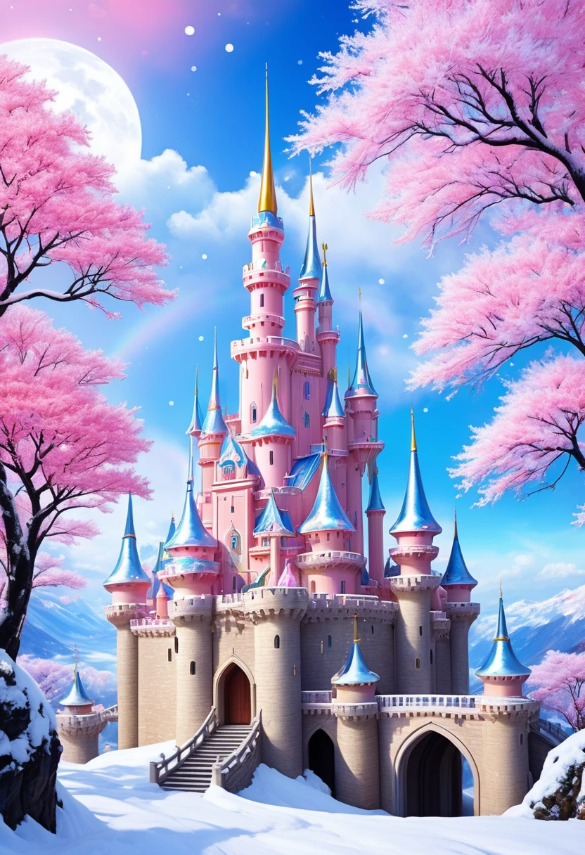 Dream Castle，Castle in fireworks，Castle with wings，Flying castle，Castle in the sky。Rainbow Castle，Pink Space，Princess的脸出现在空中，winter landscape，Surreal wonderland，Dreamy clouds floating on the fairy island，(Big Snowflake:1.3)，五颜六色的Big Snowflake飞舞，Princess&#39;The palace is covered with snow，The tree of life blooms with infinite vitality，Twinkling stars in the night sky，Heavy clouds and fog，Whimsical fantasy landscape art, Fine Art Ultra HD 8K, 8K Fine Digital Art, Beautiful and detailed fantasy, Epic dreamlike fantasy landscape, Mysterious fantasy scenery, The magical fantasy is rich in details, Magical scenery, 由Big Snowflake和奇幻漂浮的仙岛组成, Detailed fantasy digital art, 8K Fine Digital Art