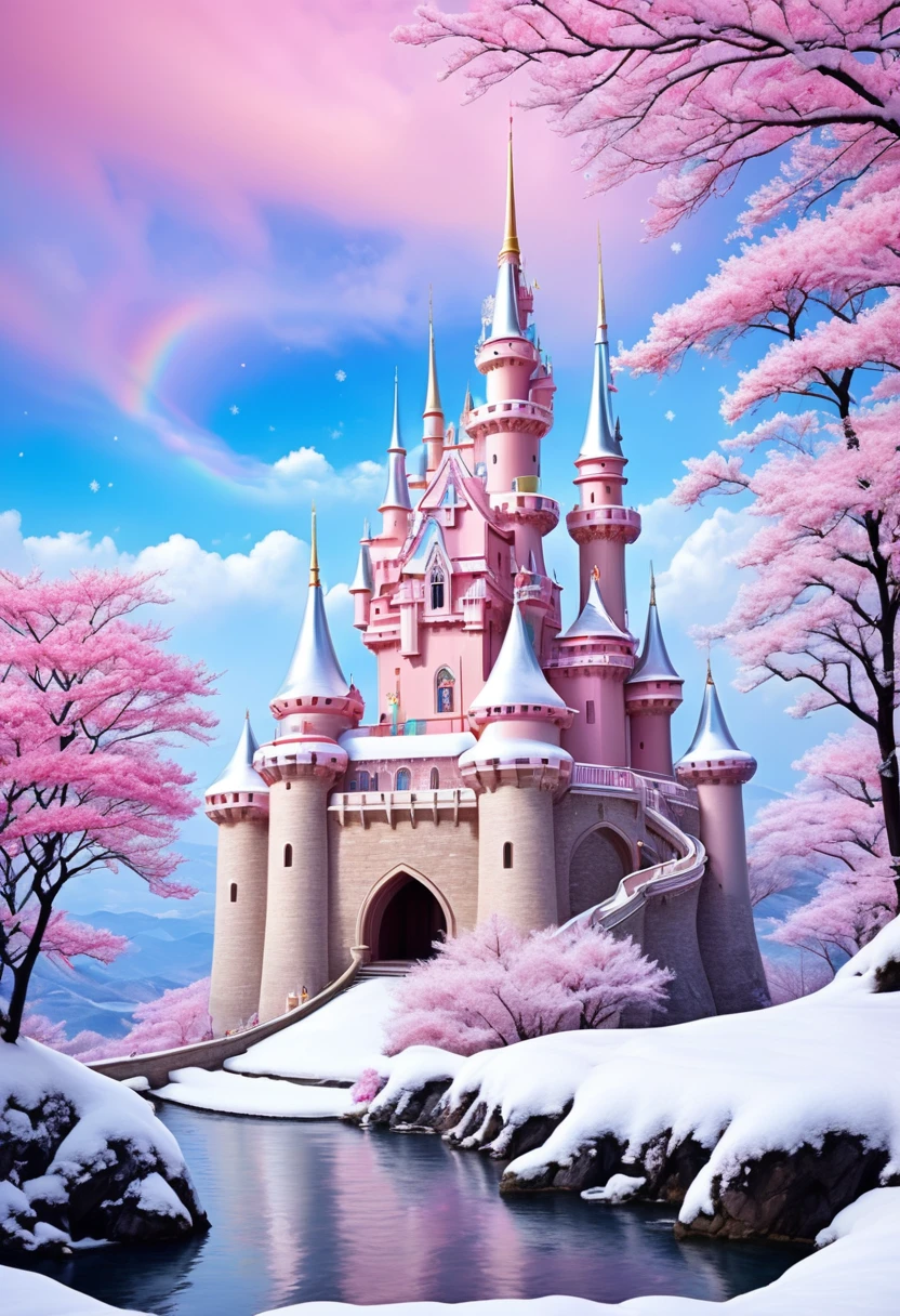 Dream Castle，Castle in fireworks，Castle with wings，Flying castle，Castle in the sky。Rainbow Castle，Pink Space，Princess的脸出现在空中，winter landscape，Surreal wonderland，Dreamy clouds floating on the fairy island，(Big Snowflake:1.3)，五颜六色的Big Snowflake飞舞，Princess&#39;The palace is covered with snow，The tree of life blooms with infinite vitality，Twinkling stars in the night sky，Heavy clouds and fog，Whimsical fantasy landscape art, Fine Art Ultra HD 8K, 8K Fine Digital Art, Beautiful and detailed fantasy, Epic dreamlike fantasy landscape, Mysterious fantasy scenery, The magical fantasy is rich in details, Magical scenery, 由Big Snowflake和奇幻漂浮的仙岛组成, Detailed fantasy digital art, 8K Fine Digital Art