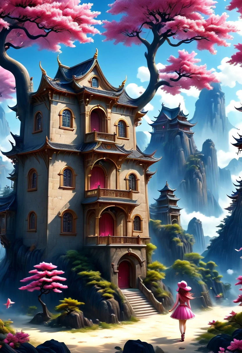 Surreal, Stereogram, Air pressure, Super Detail, Acura, best quality, 超HD, masterpiece, Anatomically correct, 16K, high resolution，Pink Space，1. ***********，Located in the magical castle，Magic Forest Castle，A castle built with blocks，错综complex的奇幻小镇, Search for lost treasure，Geometric space，Unordered regular three-dimensional pattern，There are lots of little doll houses and buildings，Space for the rainbow，fantasy color fantasy treasure hunt fantasy，Mysterious treasure，Sparkling treasure，Great numbers（Control theory）， Art Station， detailed， complex， Mathil， Digital art， HD， 8k， Whimsical fantasy landscape art, Extremely detailed fantasies,Big breasts are beautiful， high quality，electronic 8k