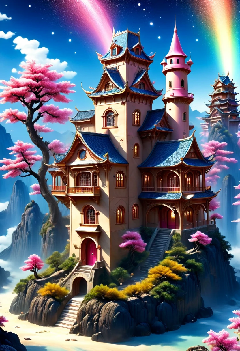 Surreal, Stereogram, Air pressure, Super Detail, Acura, best quality, 超HD, masterpiece, Anatomically correct, 16K, high resolution，Pink Space，1. ，Located in the magical castle，Magic Forest Castle，A castle built with blocks，错综complex的奇幻小镇, Search for lost treasure，Geometric space，Unordered regular three-dimensional pattern，There are lots of little doll houses and buildings，Space for the rainbow，fantasy color fantasy treasure hunt fantasy，Mysterious treasure，Sparkling treasure，Great numbers（Control theory）， Art Station， detailed， complex， Mathil， Digital art， HD， 8k， Whimsical fantasy landscape art, Extremely detailed fantasies,Big breasts are beautiful， high quality，electronic 8k