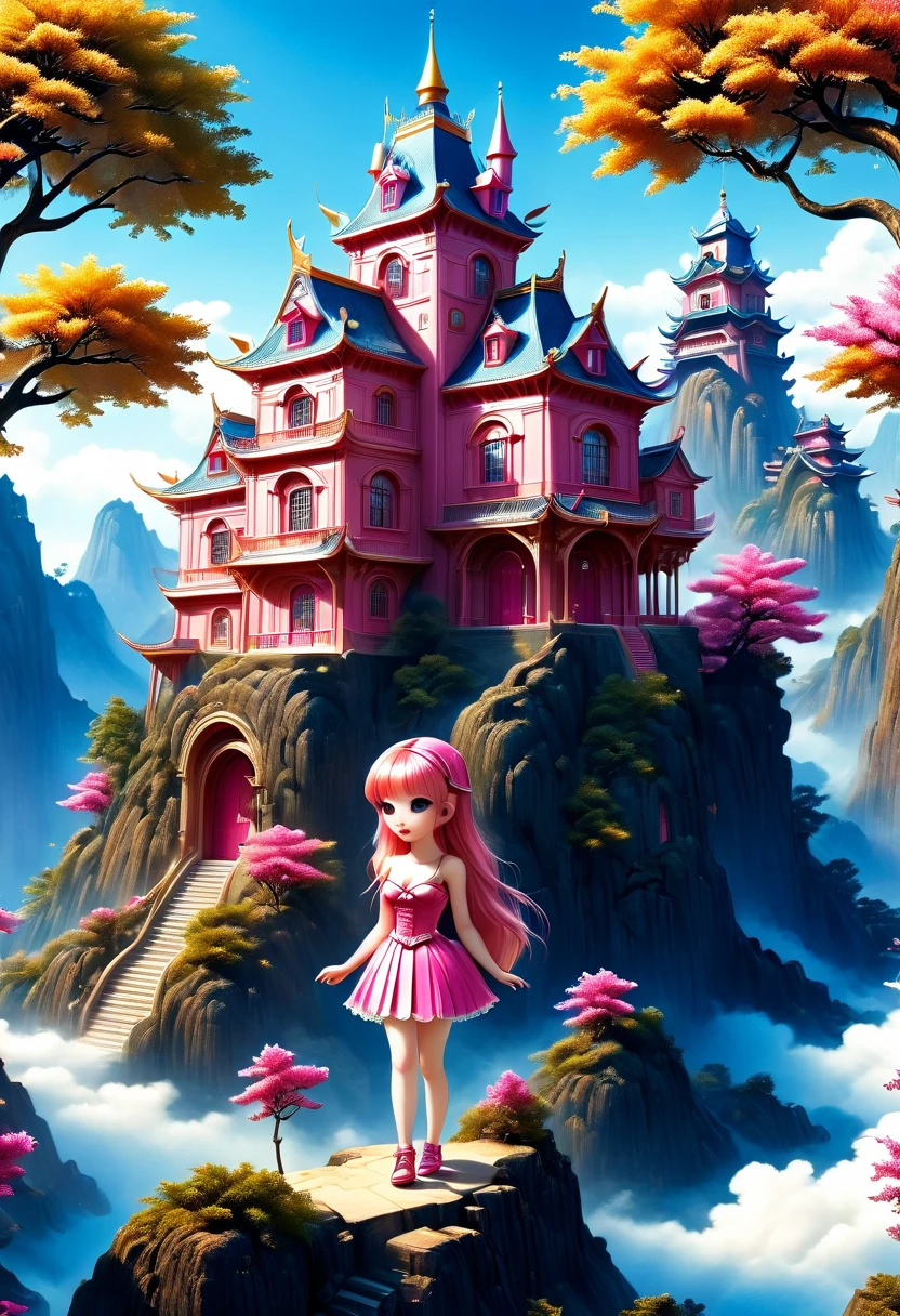 Surreal, Stereogram, Air pressure, Super Detail, Acura, best quality, 超HD, masterpiece, Anatomically correct, 16K, high resolution，Pink Space，1. ***********，Located in the magical castle，Magic Forest Castle，A castle built with blocks，错综complex的奇幻小镇, Search for lost treasure，Geometric space，Unordered regular three-dimensional pattern，There are lots of little doll houses and buildings，Space for the rainbow，fantasy color fantasy treasure hunt fantasy，Mysterious treasure，Sparkling treasure，Great numbers（Control theory）， Art Station， detailed， complex， Mathil， Digital art， HD， 8k， Whimsical fantasy landscape art, Extremely detailed fantasies,Big breasts are beautiful， high quality，electronic 8k