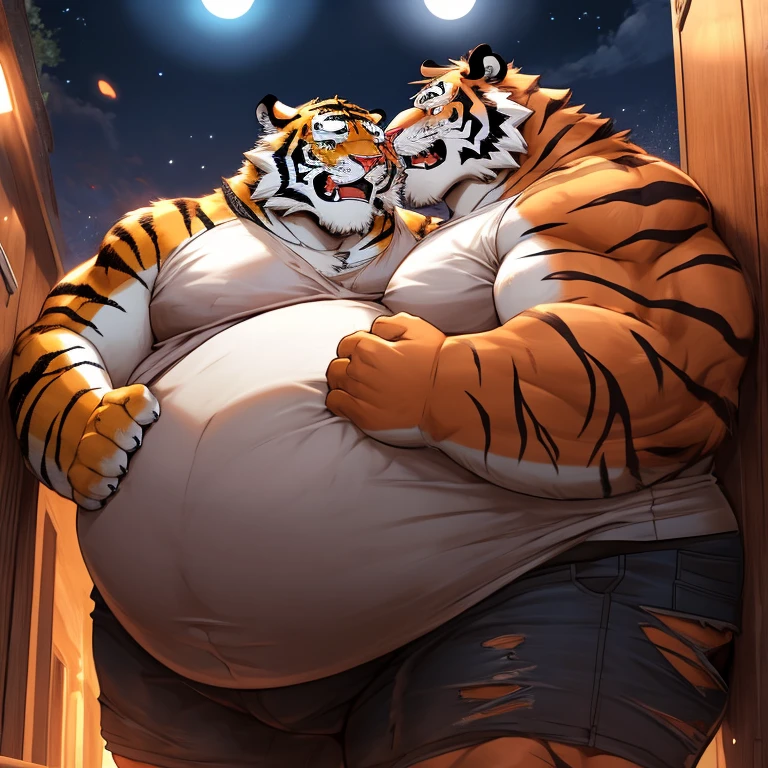 Obese, Chubby , male , furry, fluffy, salivating , wet,  kissing , Hug, belly to belly, climaxing face , very torn clothes, really torn clothes, wet torn clothes, sexual, duo daddy boss tiger, fat, big ass, fat butt, obese fat belly, big belly, obese belly, hugging with love, Grab belly fat, very big tail, very long tail, really tall tiger, really large tiger, macro tiger, big macro tiger, hand catch tiger's ass, hand grab tiger's ass, hand catch tiger's butt, hand grab tiger's butt, hand catch tiger'ass.
(Extremely Romantic and warm atmosphere, masterpiece) , tight torn clothes, tight torn white shirt, grabing black tie, very tight torn shirt, black torn underwear, big belly, very fat belly, belly to belly, sweating, duo fat belly crushed, obese belly crushed, belly crushed, big belly, locker room, dark, night time, no light, belly to belly, Grab belly fat, very obese, very fat, very huge fat belly, duo anthro obese macro boss tiger, duo tiger, duo macro obese tiger, Duo macro tiger.