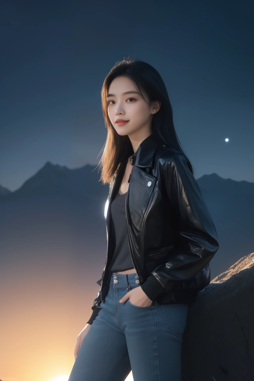 (masterpiece), Close Range，High Detail, high quality, Reality, Super detailed, Realistic skin texture, Perfect face, Elegant girl,Put your hands in your pockets，Smile, (Full details Tuxedo leather jacket，Skinny jeans，reflected light, Silver trim), White neon light, silver light, luminescent, Full lips, Glossy lips, Light makeup, hourglass body shape, Willow Waist, (Feel free to hairstyle, Expressive hair, Shiny hair, luminescent hair,black hair, (dusk sky, Mountain network construction,On the roof, Sunset Lights, cloud, Floating Island，There are many types of network architectures，Sci-fi background, High Detail background), Fantasy Art, high quality detailed art, A colorful combination of fantasy and reality, Internet Art Style, A beautiful fantasy smart girl, charming, Black and white color scheme, Standing ,Looking down from above，You can see the city below,