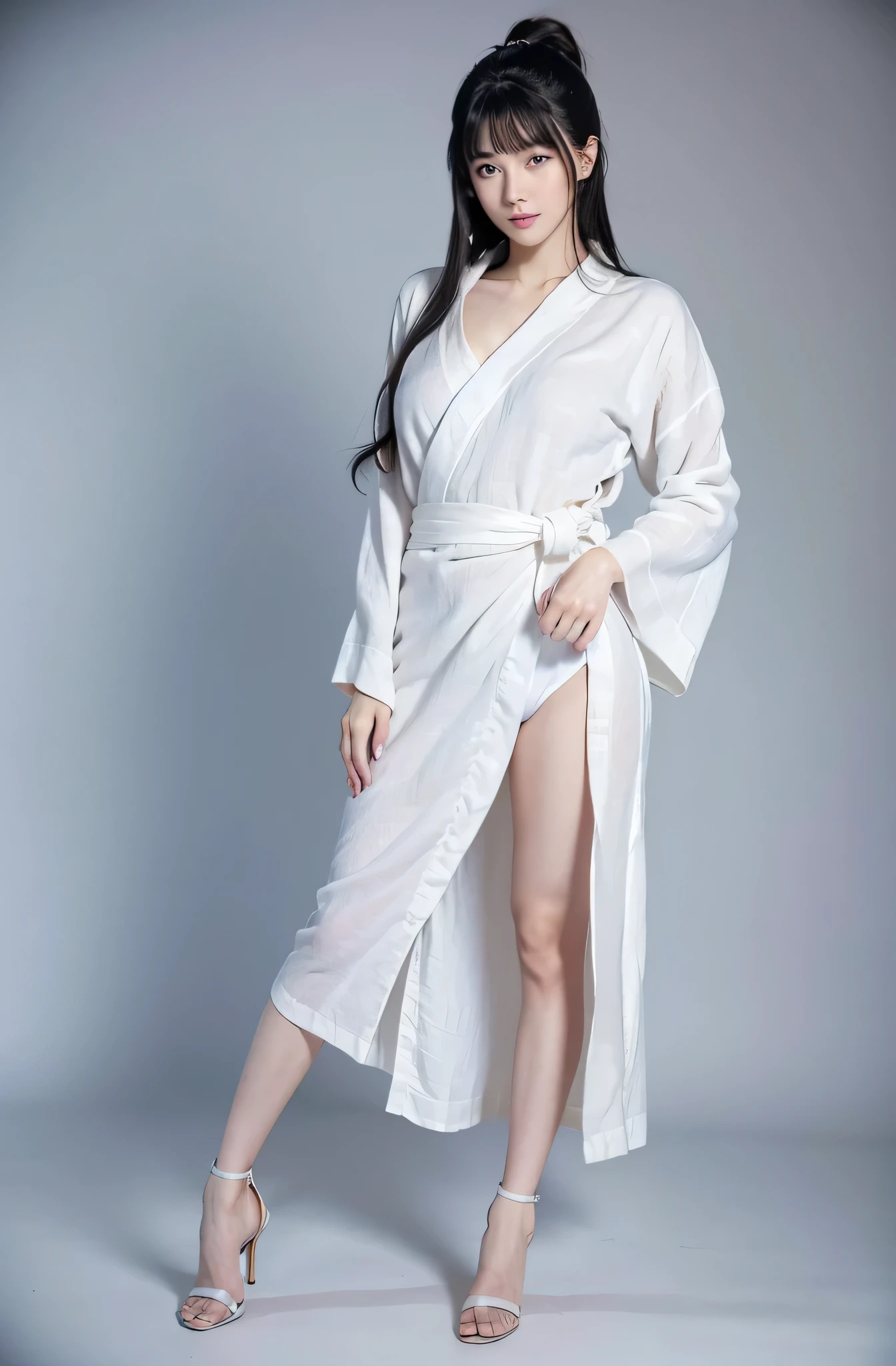 ((Best quality, 8K, Masterpiece :1.3)), Sharp focus:1.2 , Photorealsitic,(Cinematic lighting),Facial detail texture. Byakugan white Eyes detail (white eyes like byakugan). Double eyelids, Slender body. Long large breasts (ultra detailed on Sharp bearsts), perfect ass, 25-year-old girl, photo-realistic:1.37,Perfect white pupil eyes, ((1 Girl in a white yukata)),(white sash),(Ultra-thin fabric),((Ragged linen)),With a figure,sLong hair,long hair tied up, Qi bangs,Stand in apocalyse zombie, (ultra detailed background) The barefoot,Full body like,Clothing to appear breast(explore round breast, folds,((solid color backdrop)),high heels, is shy,Be red in the face, pose with buttock facing you