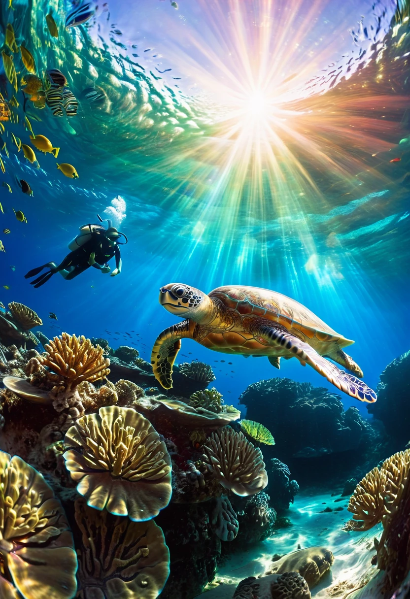 (A diver swims towards a large sea turtle:1.2), lush marine flora, fish, corals, anemones, colourful diversity, turquoise water, sunlight shines brightly on the scenario, God's rays refract on the surface of the water, calm mystical sublime atmosphere, 
