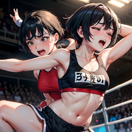 Cute Japanese high school girl with short-cut black hair being punched by her opponent in front of her during a match in a women's mixed martial arts ring, wide mouth open, out of breath, in pain, twisting, eyes tightly closed, screaming, very sweaty, out of stamina, slender body, poor body, small breasted sports bra, high leg shorts, open finger gloves