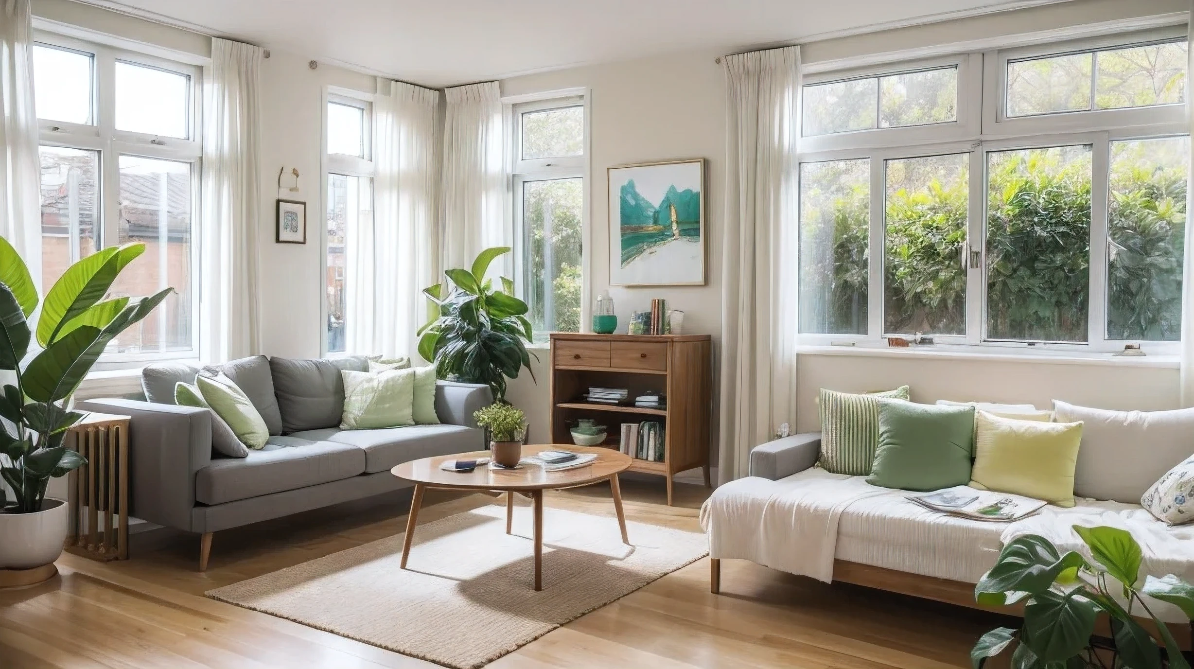 Large flat living room,Garden outside the window,curtain,sofa,coffee table,Chair,television,Hanging paintings,Green plants,Ornaments,kitchen,dining table,Interior design,Simplicity,8k