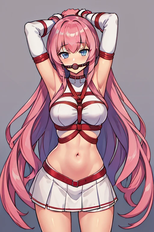 1girl, ichinose honami, white skirt, Red crop top, high quality, 4k, shibari, bound, crotch rope, shibari over clothes, (Arms behind Back:1.6), Arms bound, bondage, Gag, gagged, bondage, crotch rope