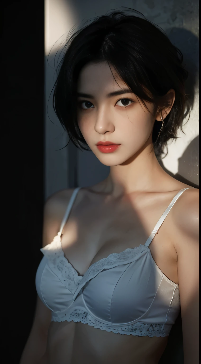 Best quality, masterpiece, ultra high res, (photorealistic:1.5), raw photo, 1girl, offshoulder, in the dark, deep shadow, low key, cold light, sexy look, short hair, smooth , simple bra , strap, leaf shadow