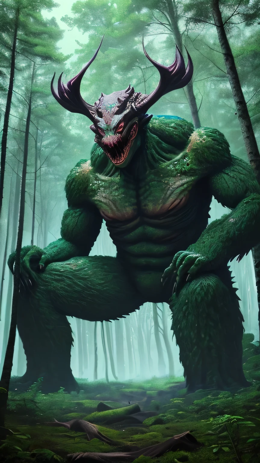A giant unknown monster in forest bigger than tje mountain