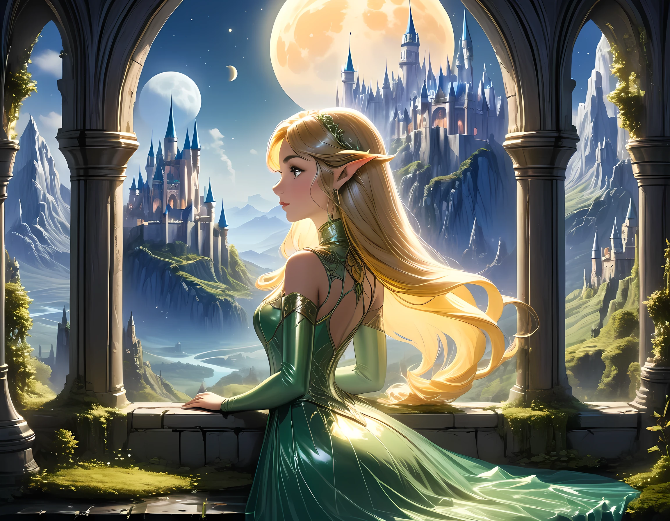 fantasy art, RPG art, a portrait picture of a (beautiful human princess: 1.2) looking through her window at a magical castle, a beautiful elven princess looking through her window to see a magical castle, wearing latex dress, an impressive best detailed castle, with towers, bridges, a moat, standing on top of a mountain, moon, colouredglazecd_xl, BJ_Full_Moon