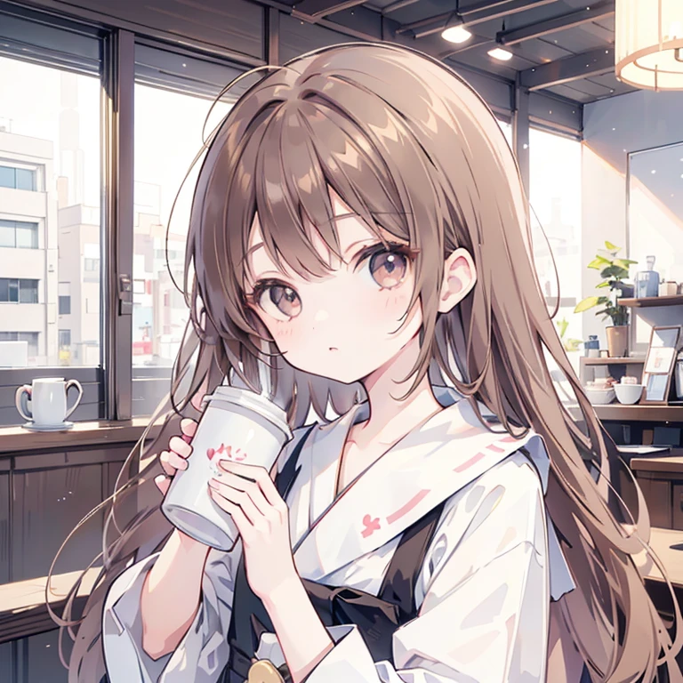 little girl holding a coffee cup, cute girl, Cute and delicate face, cute slender face, Hayami, Chiho, Yoshitomo Nara, Young cute face, beauty的日本女孩脸, Brown hair and big eyes, Cute and beautiful girl, beauty