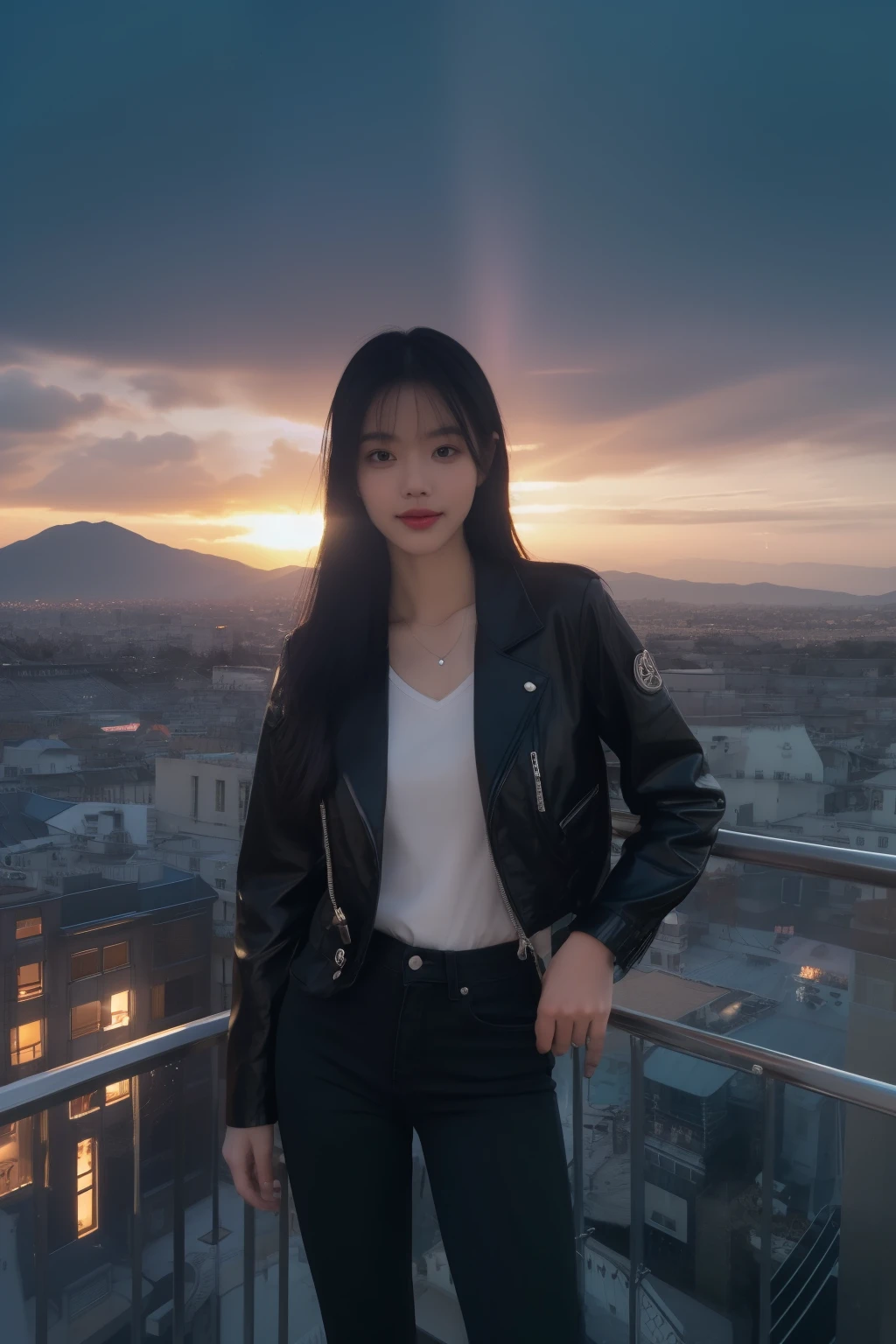 (masterpiece), Close Range,High Detail, high quality, Reality, Super detailed, Realistic skin texture, Perfect face, Elegant girl,Put your hands in your pockets,Smile, (Full details Tuxedo leather jacket,Skinny jeans,reflected light, Silver trim), White neon light, silver light, luminescent, Full lips, Glossy lips, Light makeup, hourglass body shape, Willow Waist, (Feel free to hairstyle, Expressive hair, Shiny hair, luminescent hair,black hair, (dusk sky, Mountain network construction,On the roof, Sunset Lights, cloud, Floating Island,There are many types of network architectures,Sci-fi background, High Detail background), Fantasy Art, high quality detailed art, A colorful combination of fantasy and reality, Internet Art Style, A beautiful fantasy smart girl, charming, Black and white color scheme, Standing ,Looking down from above,You can see the city below,