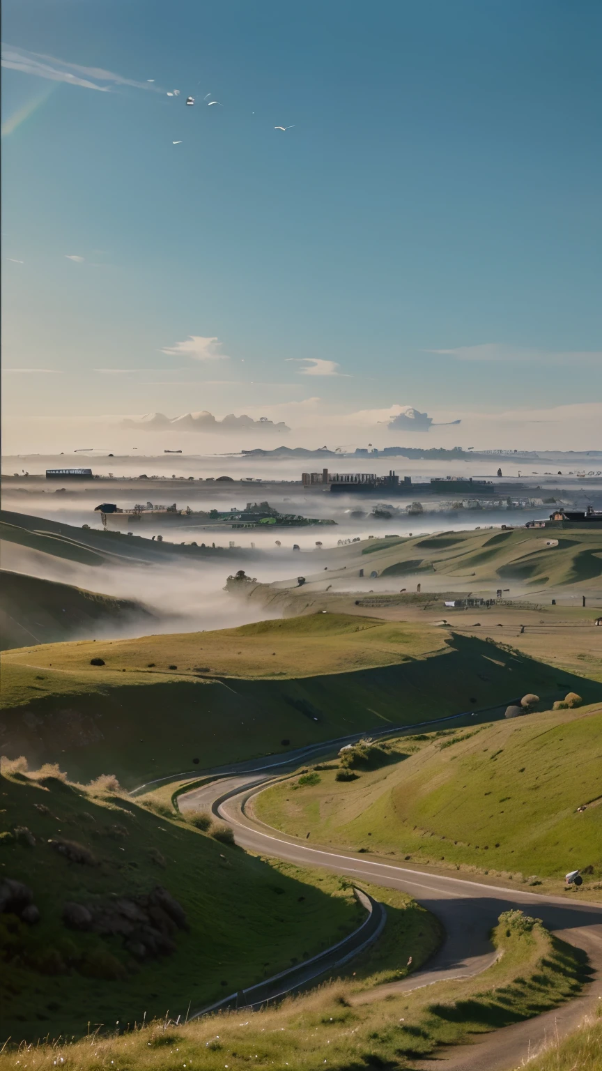 Best quality, masterpiece, super high resolution, (realism: 1.4), oil painting style, film lighting, endless grassland dotted with a few homes, I stood on the empty asphalt road and looked at it, the fairy mountains were foggy, and the cranes were flying