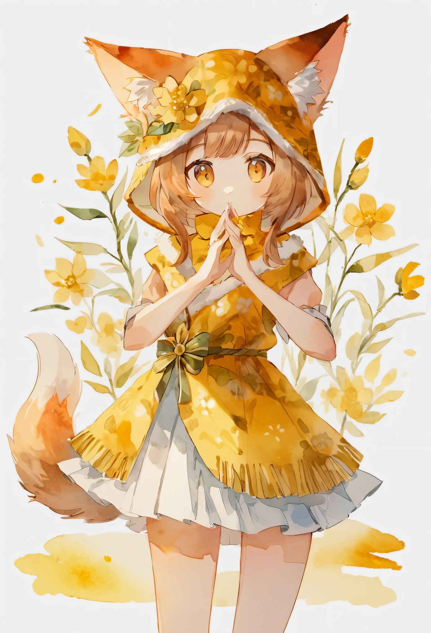 Watercolor elements, 1girl, kemono, furry, detailed body fur, animal face, animal hand, unfocused spread of gold flower, 