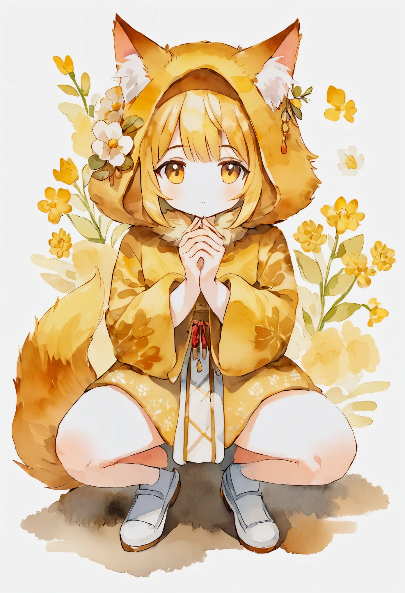 Watercolor elements, 1girl, kemono, furry, detailed body fur, animal face, animal hand, unfocused spread of gold flower,