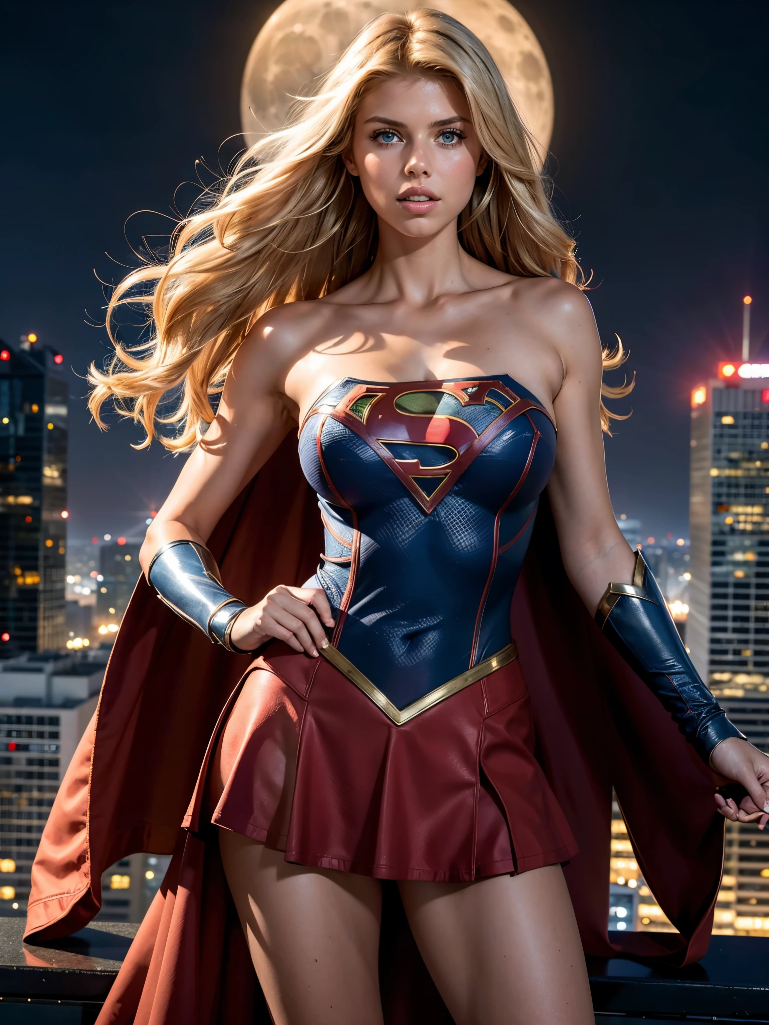 (best quality, masterpiece, high resolution: 1.2), raw photo, Charlotte McKinney, in a supergirl costume, standing on the roof of a skyscraper, moonlight shining through her hair, night