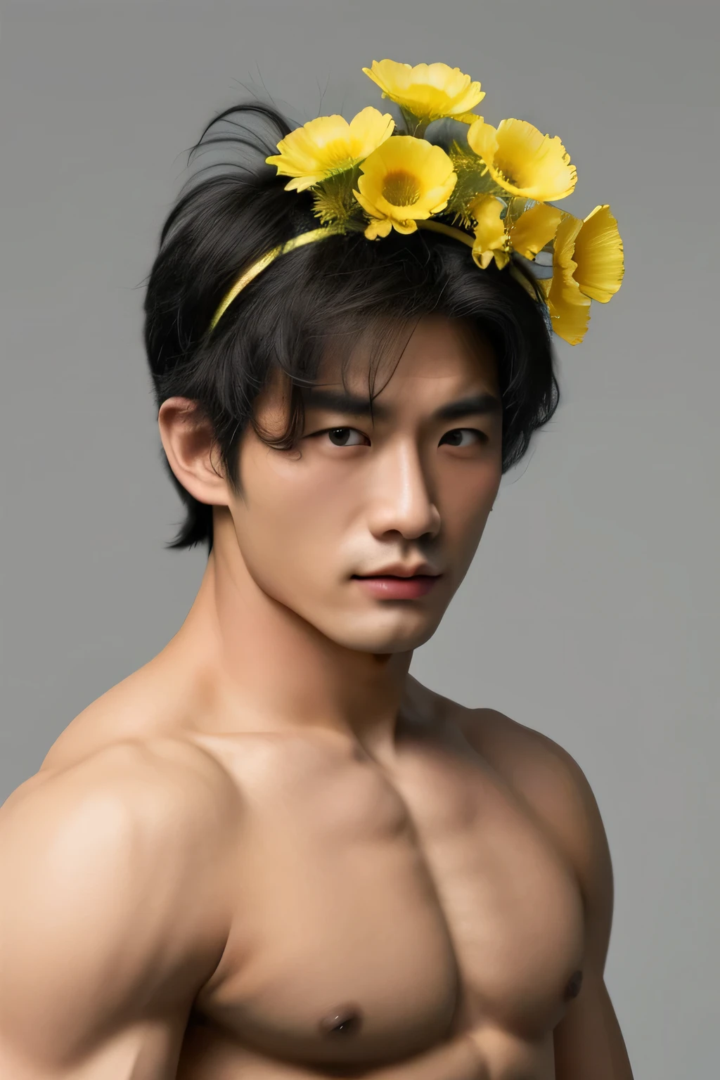 best quality,masterpiece,Ultra high detail,A handsome muscular Chinese man,Short black hair,topless,(Flowers on the shoulder),(With flowers in his black micro thong),realistic,Grey background,Yellow and white flowers, flowers on his head