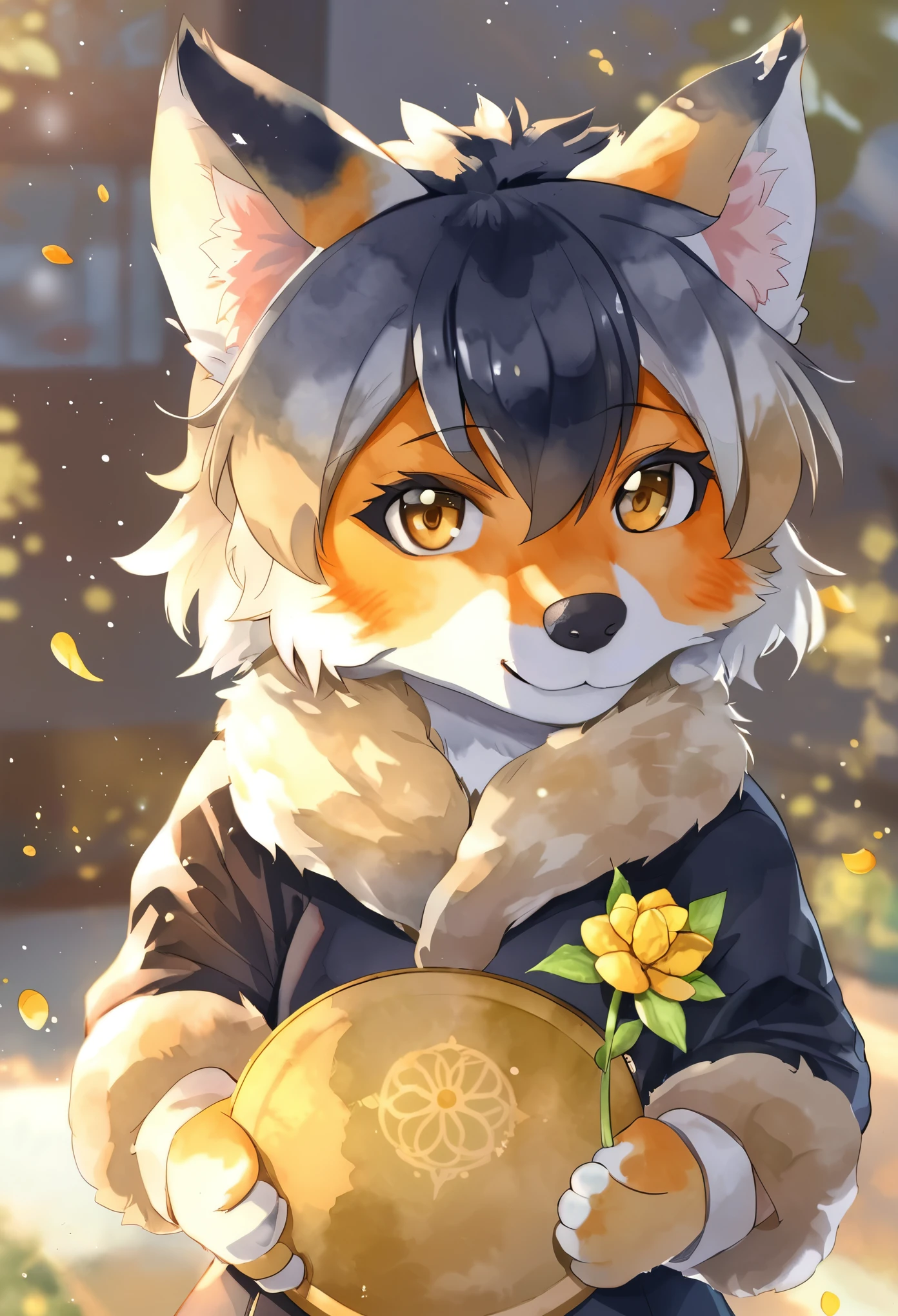 Watercolor elements, 1girl, kemono, furry, detailed body fur, animal face, animal hand, unfocused spread of gold flower,