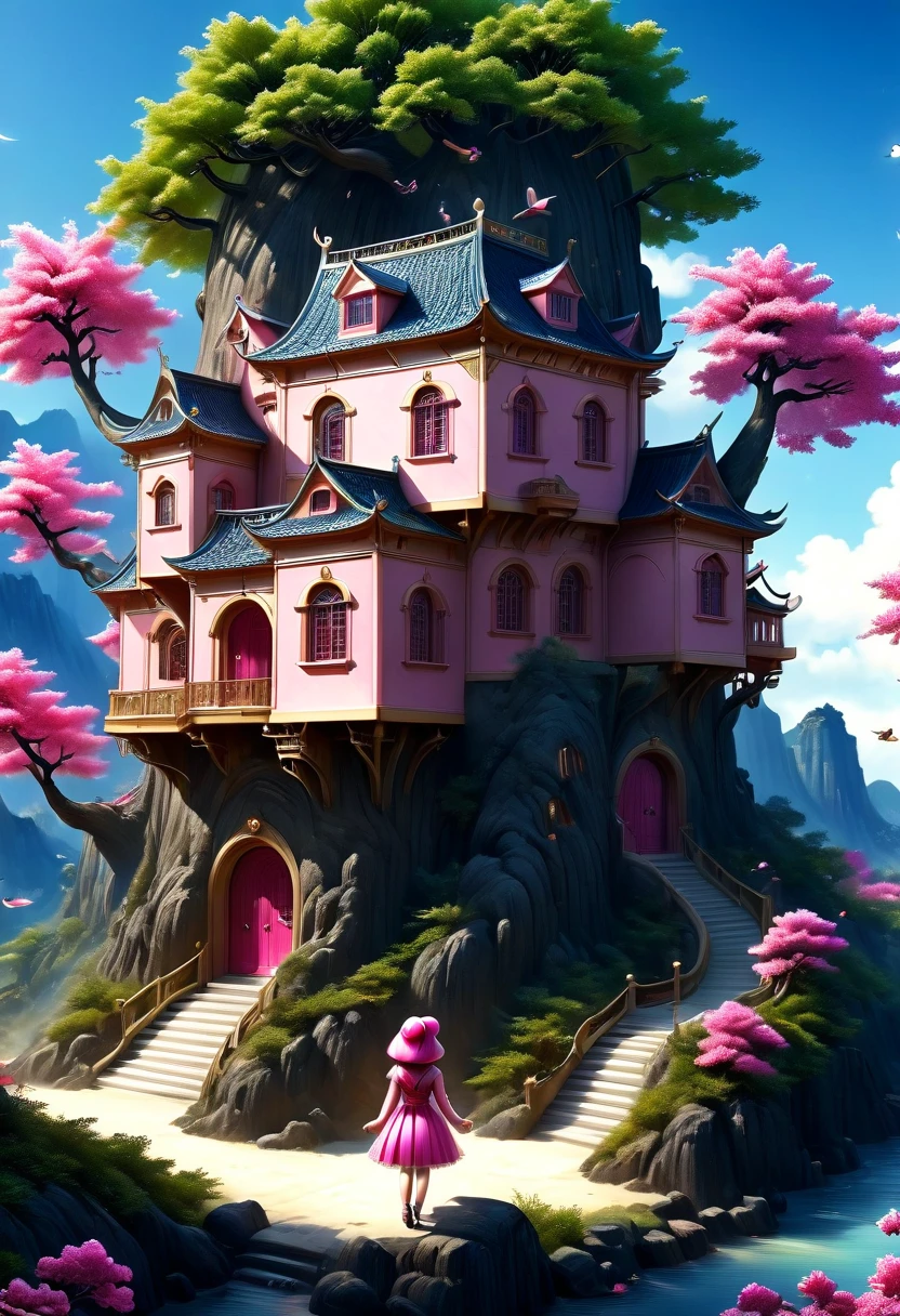 Surreal, Stereogram, Air pressure, Super Detail, Acura, best quality, 超HD, masterpiece, Anatomically correct, 16K, high resolution，Pink Space，1. ***********，Located in the magical castle，Magic Forest Castle，A castle built with blocks，错综complex的奇幻小镇, Search for lost treasure，Geometric space，Unordered regular three-dimensional pattern，There are lots of little doll houses and buildings，Space for the rainbow，fantasy color fantasy treasure hunt fantasy，Mysterious treasure，Sparkling treasure，Great numbers（Control theory）， Art Station， detailed， complex， Mathil， Digital art， HD， 8k， Whimsical fantasy landscape art, Extremely detailed fantasies,Big breasts are beautiful， high quality，electronic 8k