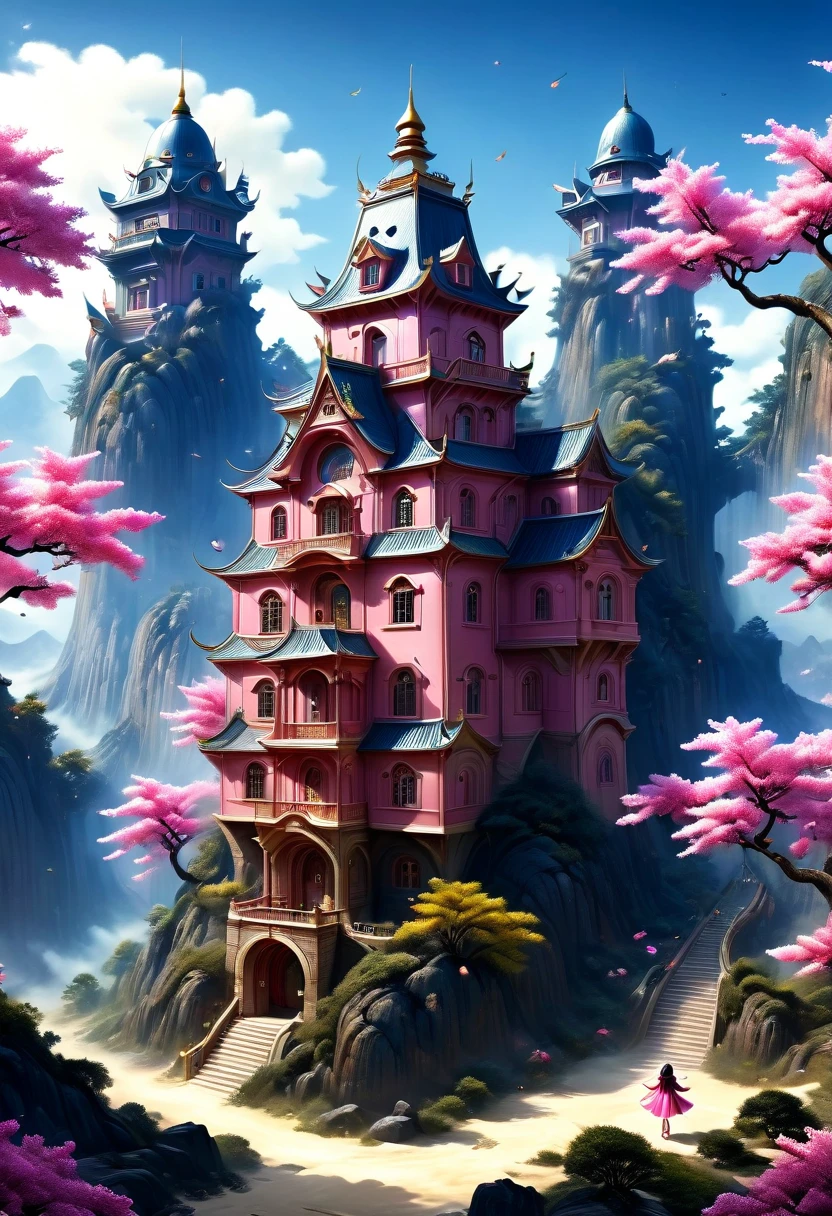 Surreal, Stereogram, Air pressure, Super Detail, Acura, best quality, 超HD, masterpiece, Anatomically correct, 16K, high resolution，Pink Space，1. ，Located in the magical castle，Magic Forest Castle，A castle built with blocks，错综complex的奇幻小镇, Search for lost treasure，Geometric space，Unordered regular three-dimensional pattern，There are lots of little doll houses and buildings，Space for the rainbow，fantasy color fantasy treasure hunt fantasy，Mysterious treasure，Sparkling treasure，Great numbers（Control theory）， Art Station， detailed， complex， Mathil， Digital art， HD， 8k， Whimsical fantasy landscape art, Extremely detailed fantasies,Big breasts are beautiful， high quality，electronic 8k