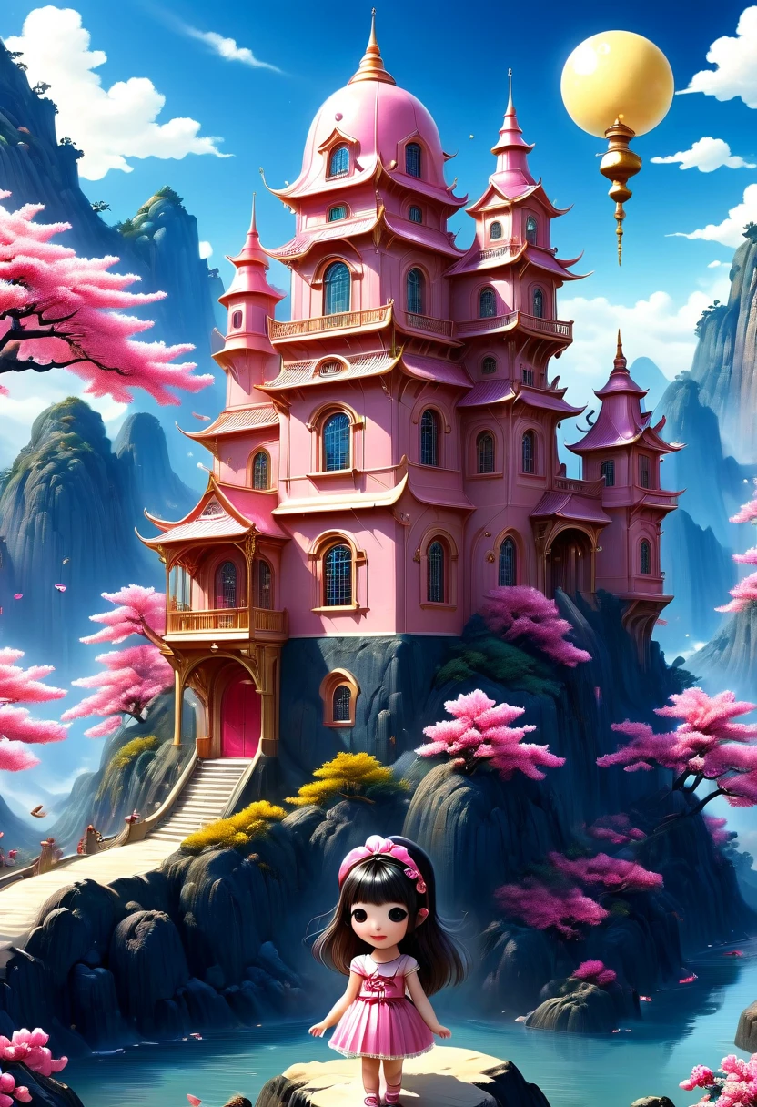 Surreal, Stereogram, Air pressure, Super Detail, Acura, best quality, 超HD, masterpiece, Anatomically correct, 16K, high resolution，Pink Space，1. ***********，Located in the magical castle，Magic Forest Castle，A castle built with blocks，错综complex的奇幻小镇, Search for lost treasure，Geometric space，Unordered regular three-dimensional pattern，There are lots of little doll houses and buildings，Space for the rainbow，fantasy color fantasy treasure hunt fantasy，Mysterious treasure，Sparkling treasure，Great numbers（Control theory）， Art Station， detailed， complex， Mathil， Digital art， HD， 8k， Whimsical fantasy landscape art, Extremely detailed fantasies,Big breasts are beautiful， high quality，electronic 8k