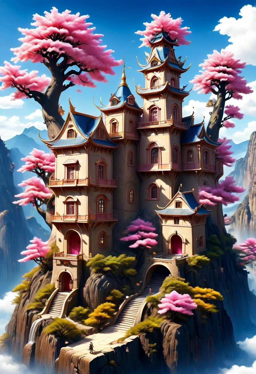 Surreal, Stereogram, Air pressure, Super Detail, Acura, best quality, 超HD, masterpiece, Anatomically correct, 16K, high resolution，Pink Space，1. ***********，Located in the magical castle，Magic Forest Castle，A castle built with blocks，错综complex的奇幻小镇, Search for lost treasure，Geometric space，Unordered regular three-dimensional pattern，There are lots of little doll houses and buildings，Space for the rainbow，fantasy color fantasy treasure hunt fantasy，Mysterious treasure，Sparkling treasure，Great numbers（Control theory）， Art Station， detailed， complex， Mathil， Digital art， HD， 8k， Whimsical fantasy landscape art, Extremely detailed fantasies,Big breasts are beautiful， high quality，electronic 8k