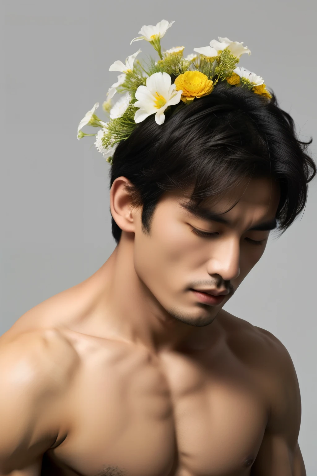 best quality,masterpiece,Ultra high detail,A handsome muscular Chinese man,Short black hair, eyes closed, topless,Flowers on his shoulder, With flowers in his black micro thong, realistic, Grey background,Yellow and white flowers, flowers on his head
